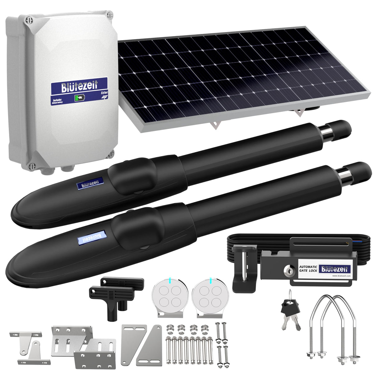 Blütezeit MS650 Swing Gate Opener with Electric Gate Lock – 1760lb Heavy-Duty Dual-Arm Gate Motor, 25W Solar Panel, Built-in Lithium Battery Control Box, Automatic Security Latch