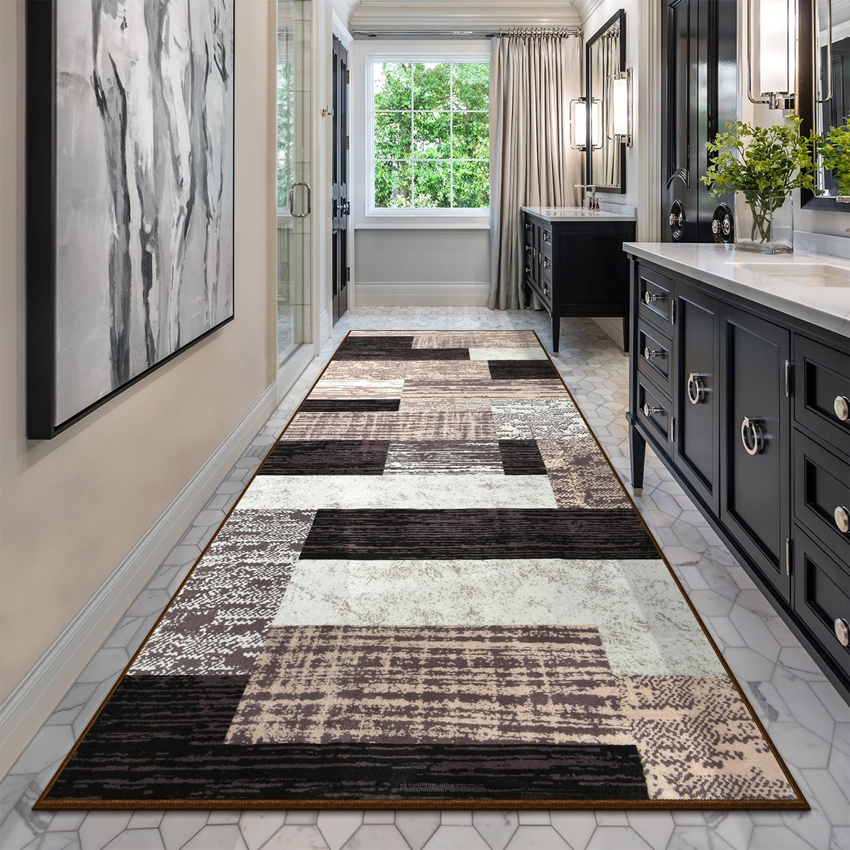 Indoor Runner Rug, Washable Runner Rug with Rubber Backing, Modern Geometric Patchwork Aesthetic Carpet for Bedroom, Living Room, Hallway, Entryway, Washable Rug Rockwood Collection, 2x6 Ft Chocolate