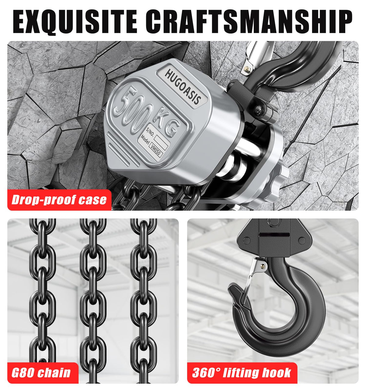 HUGOASIS Mini Lever Hoist 1/2 TON 1100 LBS Capacity 10FT Lift, Portable Aluminum Ratchet Chain Hoist with G80 Alloy Steel Chain, Dual Brake Hand Chain Puller for Lifting & Pulling,Silver