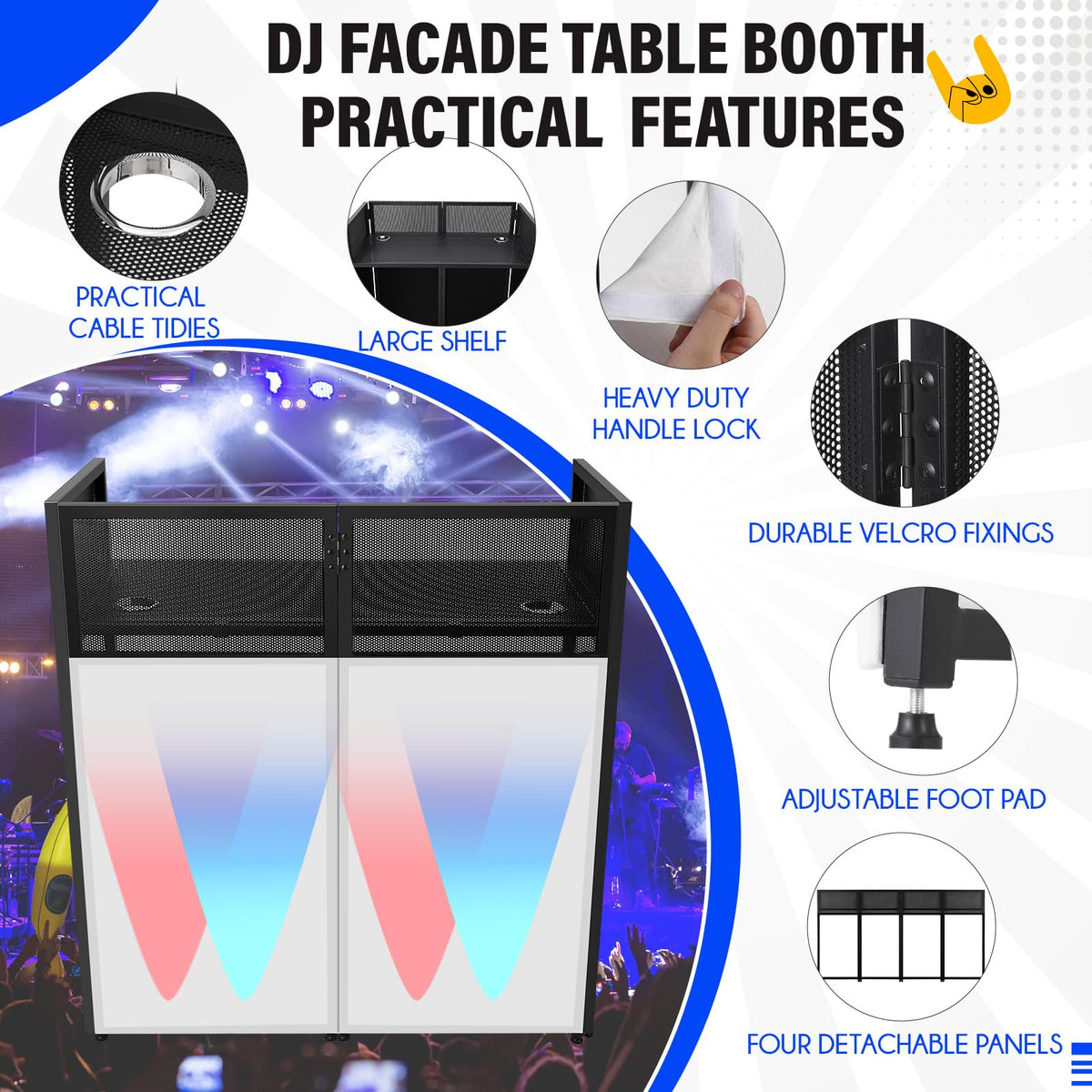 Portable DJ Facade Booth, Foldable DJ Table Station With White & Black Lighting Scrim,50"L x48" Hx 25"W DJ Stand Booth,With Adjustable DJ Event Facade Feet for Party, Black Metal Frame (52x 43.2 x 26)