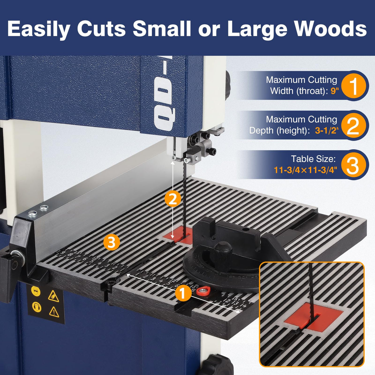 QD-KYOHO Band Saw, Portable 9-Inch Bandsaw for Woodworking, 2526 FPM Benchtop, 1/3 HP(output), 120 V 2.5-Amp Motor, Band Saws with Cast-Aluminum Worktable with Scale, Steel Bandsaws with Miter Gaug
