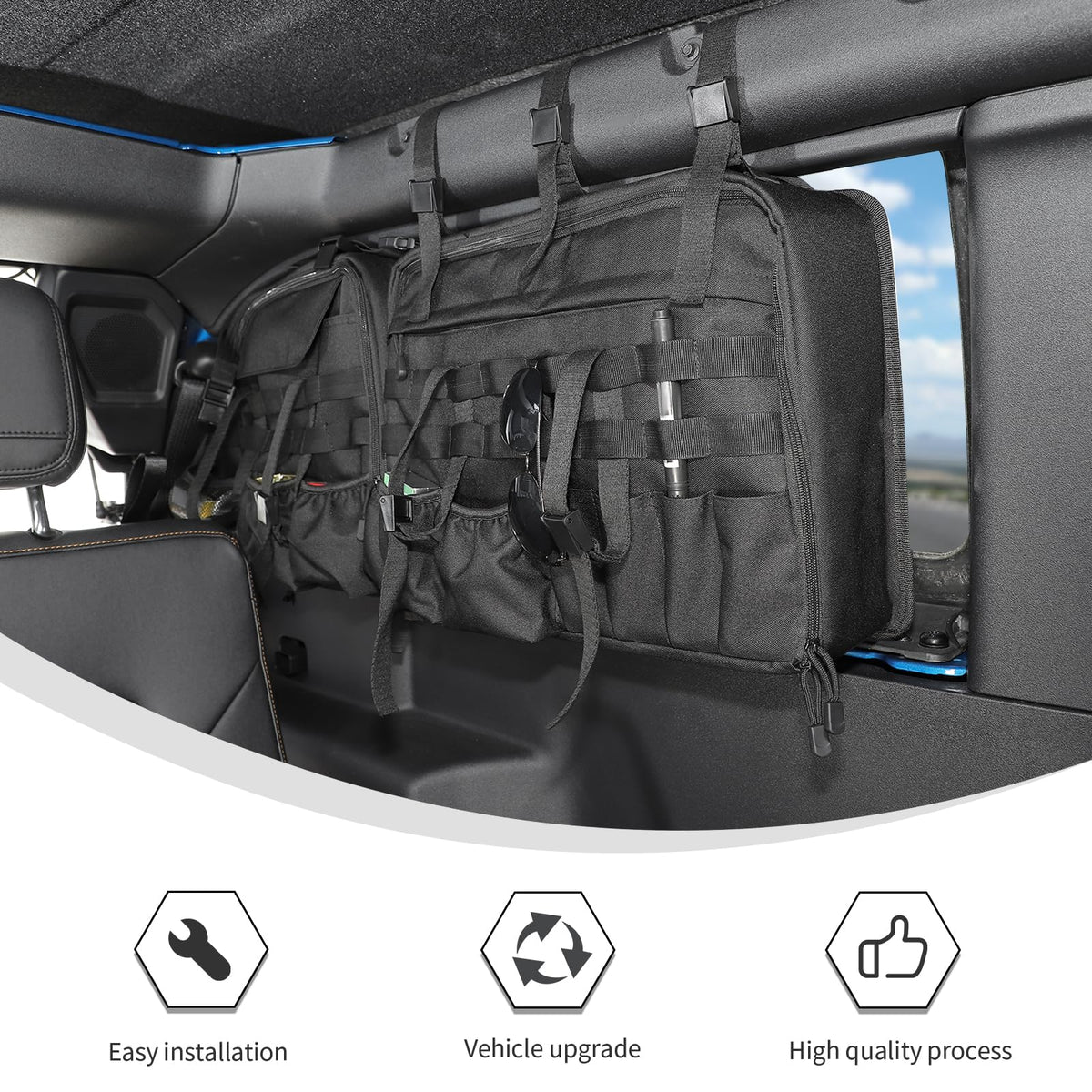 Linskip TrunkMate Roll Bar Organizer for Ford Bronco 2021-2025, Roll Bar Storage Bag for 2 Door Bronco Trunk Accessories, Durable Molle Webbing + Convenient Storage Pocket Piar