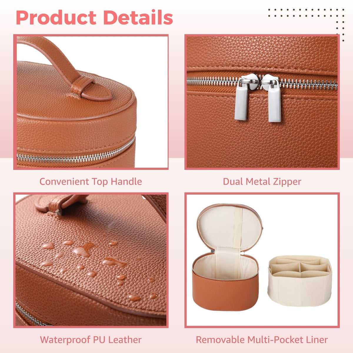 Makeup Vanity Bag for Women - Large Capacity Cosmetic Organizer with Removable Liner, Waterproof PU Leather Skincare Bag, Portable Chic Cosmetic Make Up Case for Skincare, Brushes, Accessories, Brown
