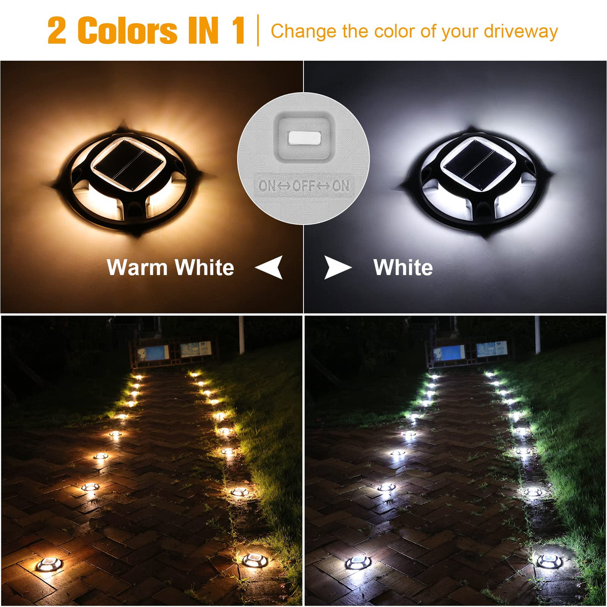 VOLISUN Solar Driveway Lights Dock Deck Lights 16 Pack,2 Colors in 1 Led IP67 Waterproof Outdoor Warning Step Lights for Driveway Sidewalk Pathway (White/Warm White)
