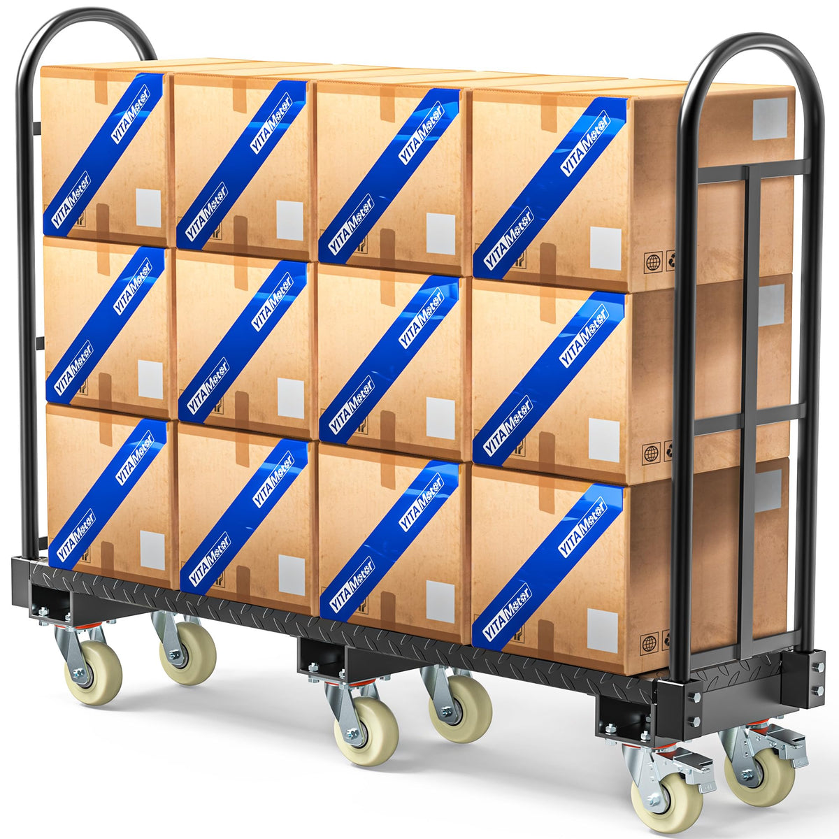 YITAMOTOR Heavy Duty Narrow Aisle U-Boat Platform Truck Dolly, 63 x 15.75 x 60.8 Inch U-Boat Cart with Thick Steel Deck 2000 Lb. Capacity with 6 Swivel Casters(2 Wheels with Brake)