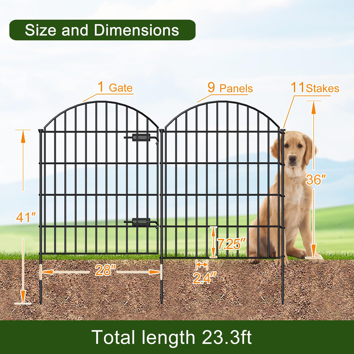 FOREHOGAR Metal Garden Fence with Gate 36in (H) x 23.3ft (L), 1 Gate+ 9 Panels Dog Fence Border Fence Animal Barrier, No Dig Garden Fencing for Yard Flower Bed Lawn Patio Outdoor, ECG3610, Black