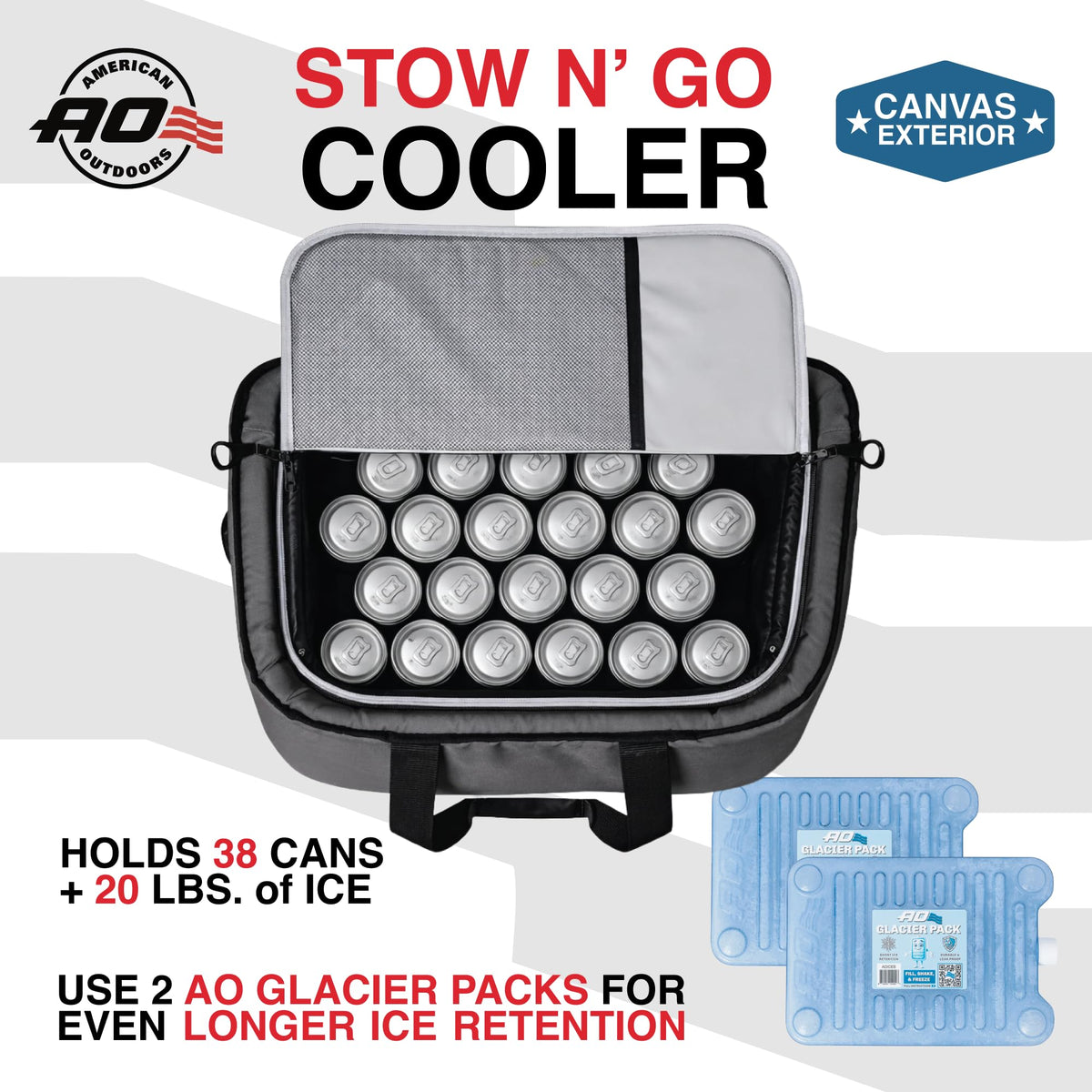 AO Coolers Stow-N-Go Canvas Soft-Sided Cooler, Low Profile and Leak Proof, Insulated for 24-Hour Cold, Smoke, 38-Can