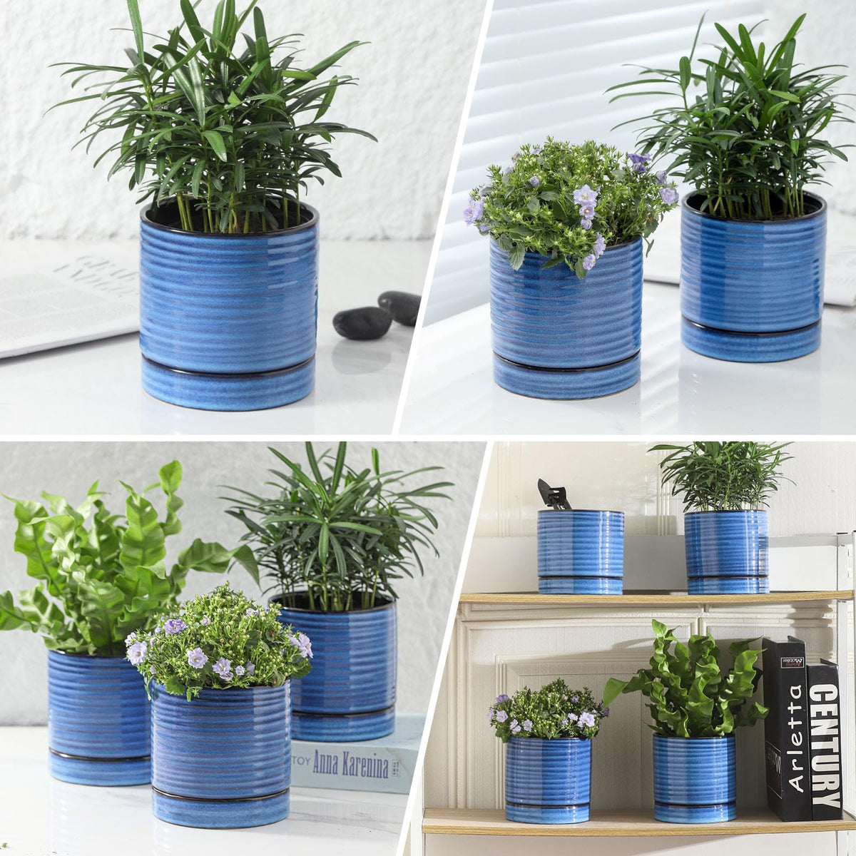 HASENSE Ceramic Plant Pots with Saucers Set of 4, 4.6 Inch Planters for Indoor Plants with Drainage Holes,Blue Flower Pots for Snake Plants & Cactus, Modern Farmhouse Windowsill & Tabletop Decor