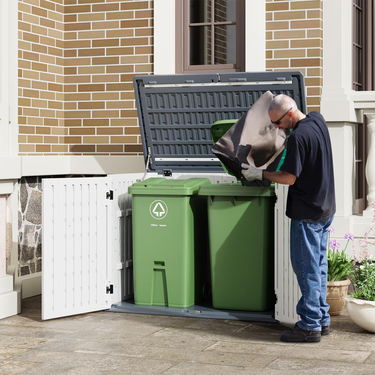 35 Cu ft Outdoor Storage Cabinet, Waterproof Outdoor Resin Storage Box, Outdoor Trash Can Storage for Patio Tools, Sofa Cushion, Lawn Mower and Garbage Cans