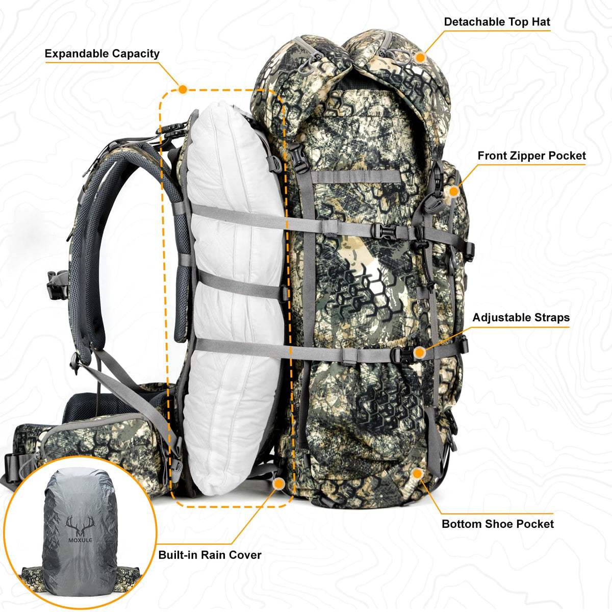 MOXULE Pro 5000 Camo Frame Backpack - Meat Hauler Pack with Rain Cover for Outdoor