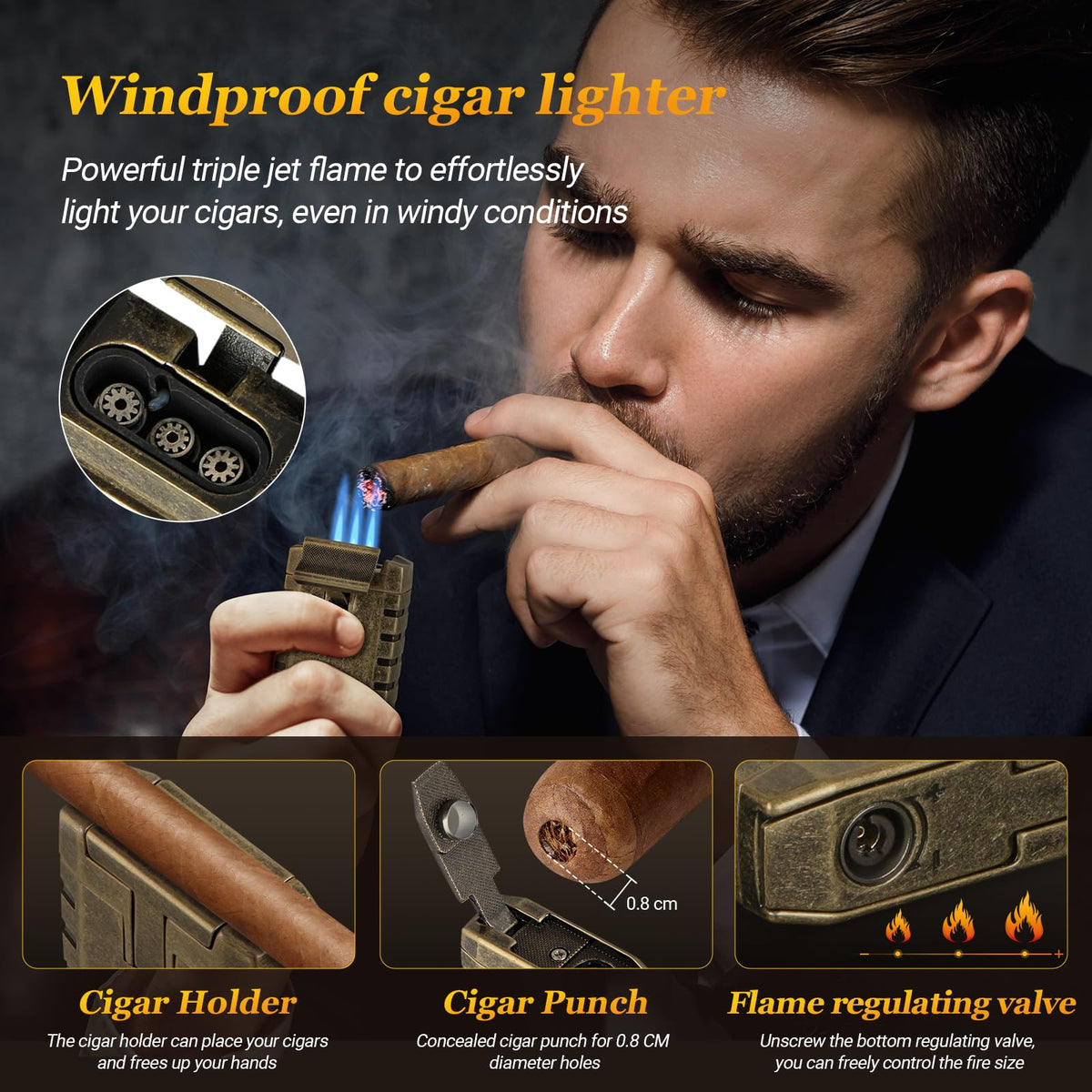 SEMKONT Travel Cigar Humidor, Portable Cedar Wood Lined Cigar Box, Waterproof Anti Pressure Sealed Cigar Storage Case, With Humidifier and Cigar Lighter Set, Can Holds 6 Cigars(Butane Not Included)