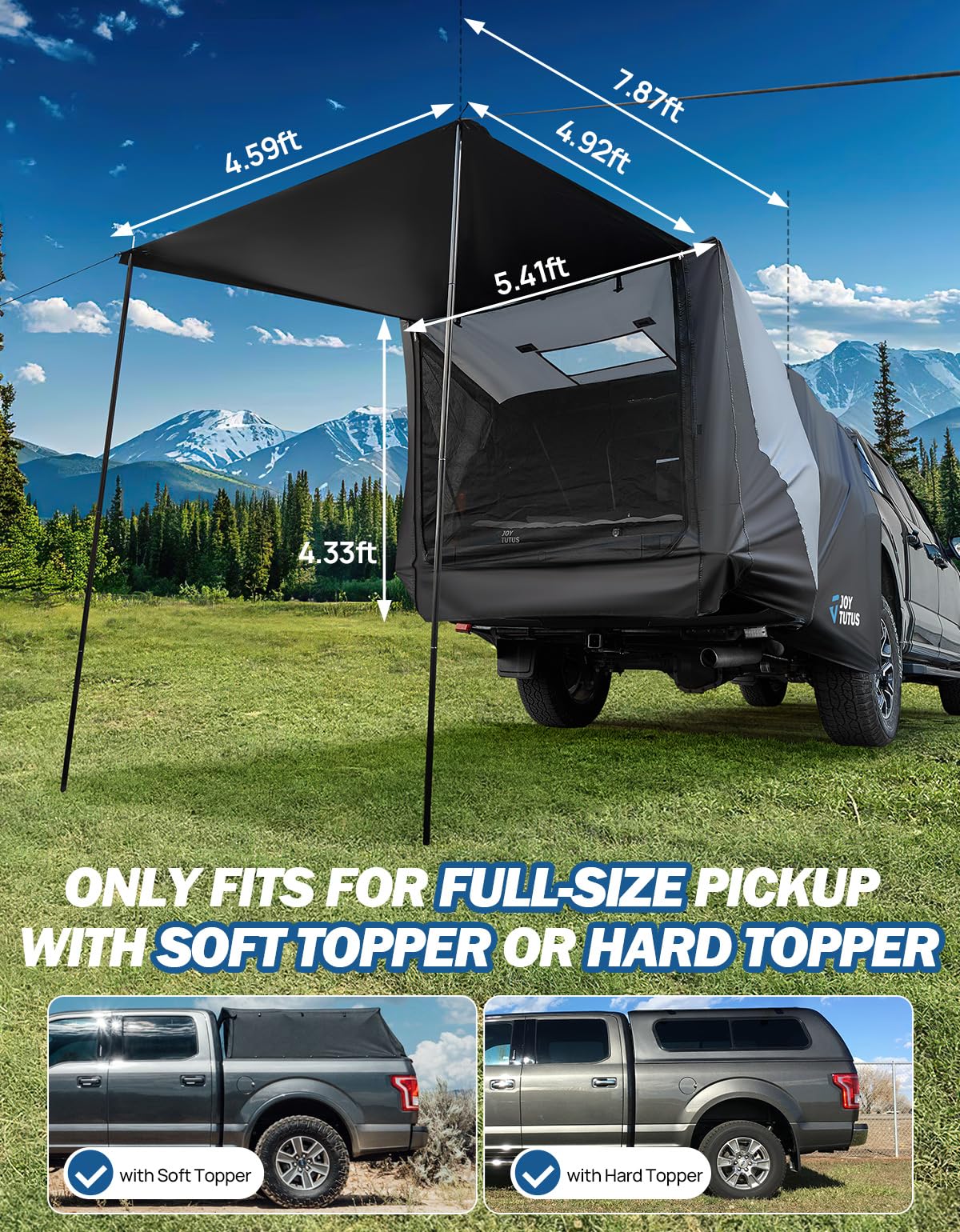 JOYTUTUS Full-Size Truck Tent with Awning and Truck Bed Soft Topper Camper Shell for F150 2015-2025 with 5.5ft Bed