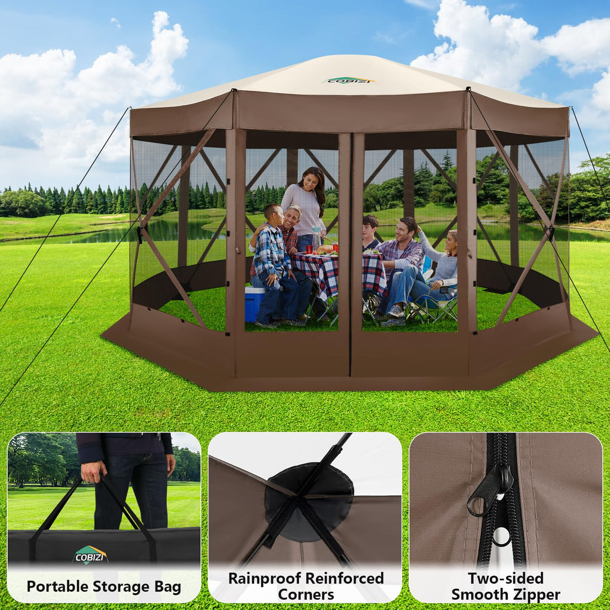 COBIZI Pop Up Gazebo Screen Tent Screen House for Camping, 15x15 Screen Room with Mosquito Netting, Hub Tent Instant Screened Canopy with Carrying Bag and Ground Stakes, Brown