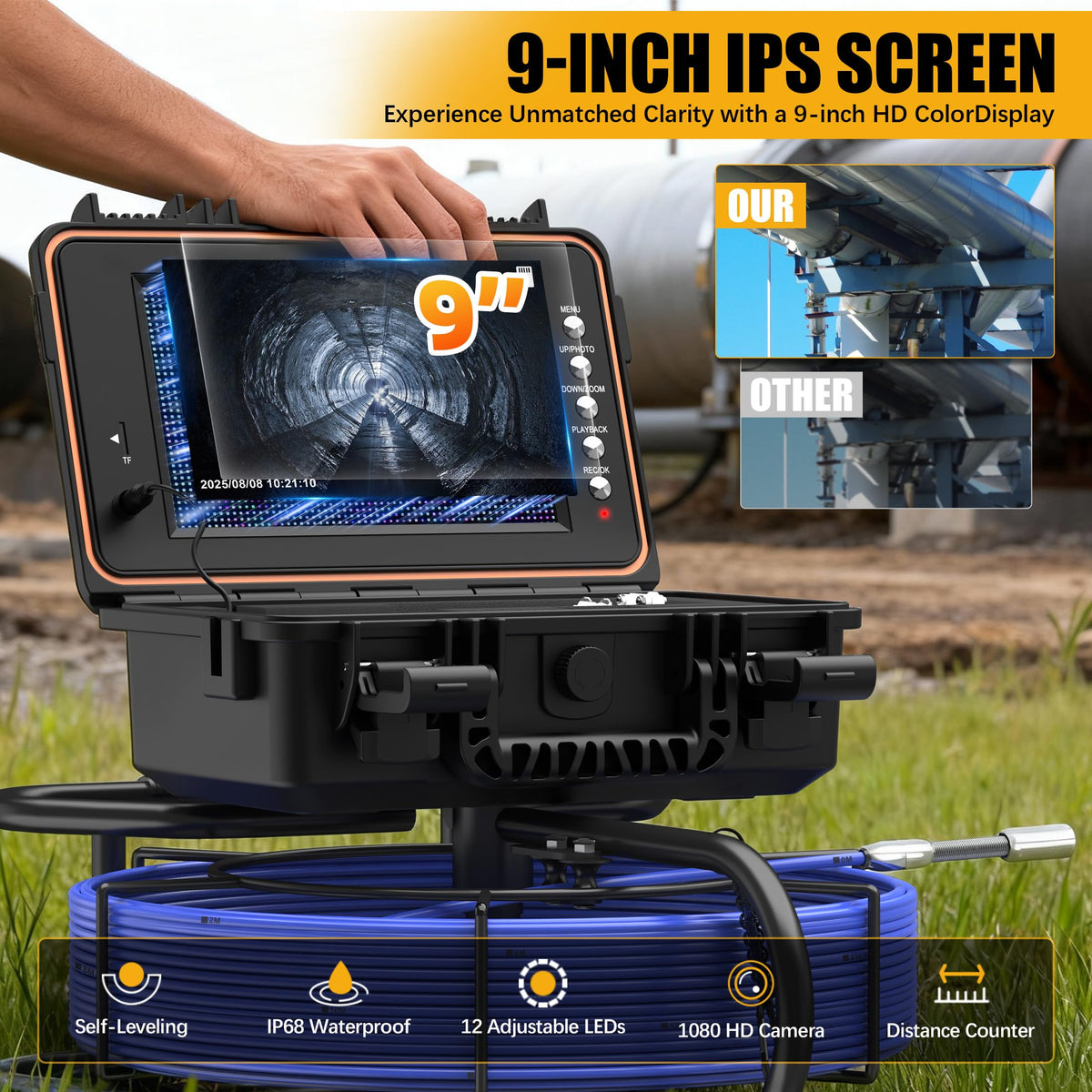 Sewer Camera 100ft, Self Leveling Drain Camera with Meter Counter, 7mm Thick Cable, 9" HD Screen 1080P Plumbing Cameras Snake with Light, 5100mAh Battery Duct Pipe Video Inspection Cam DVR 32GB