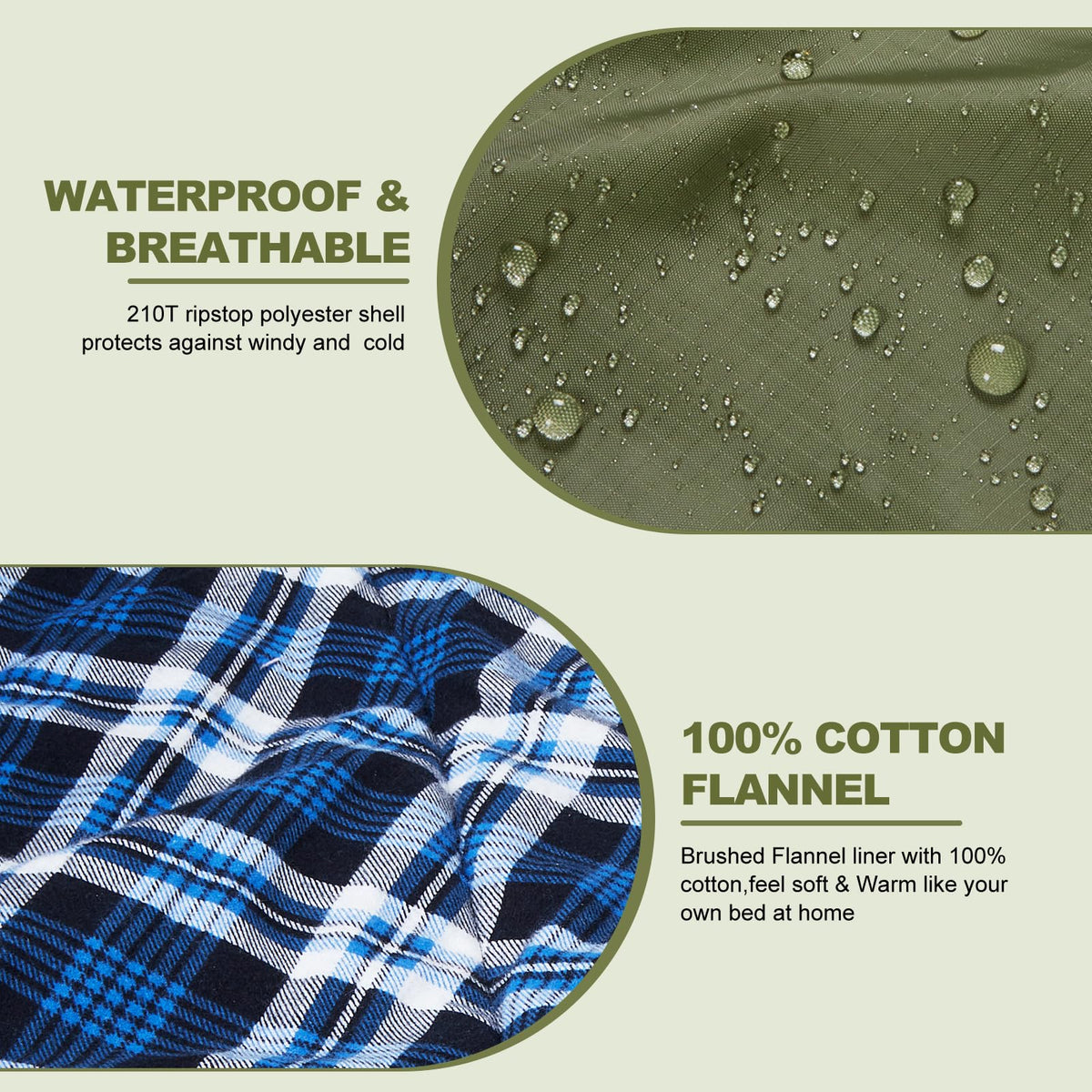 AGEMORE Cotton Flannel Double Sleeping Bag with Fleece Lined Hood, Waterproof Queen Size 2 Person Sleeping Bag for Adults Cold Weather Camping Backpacking or Hiking, 3-4season