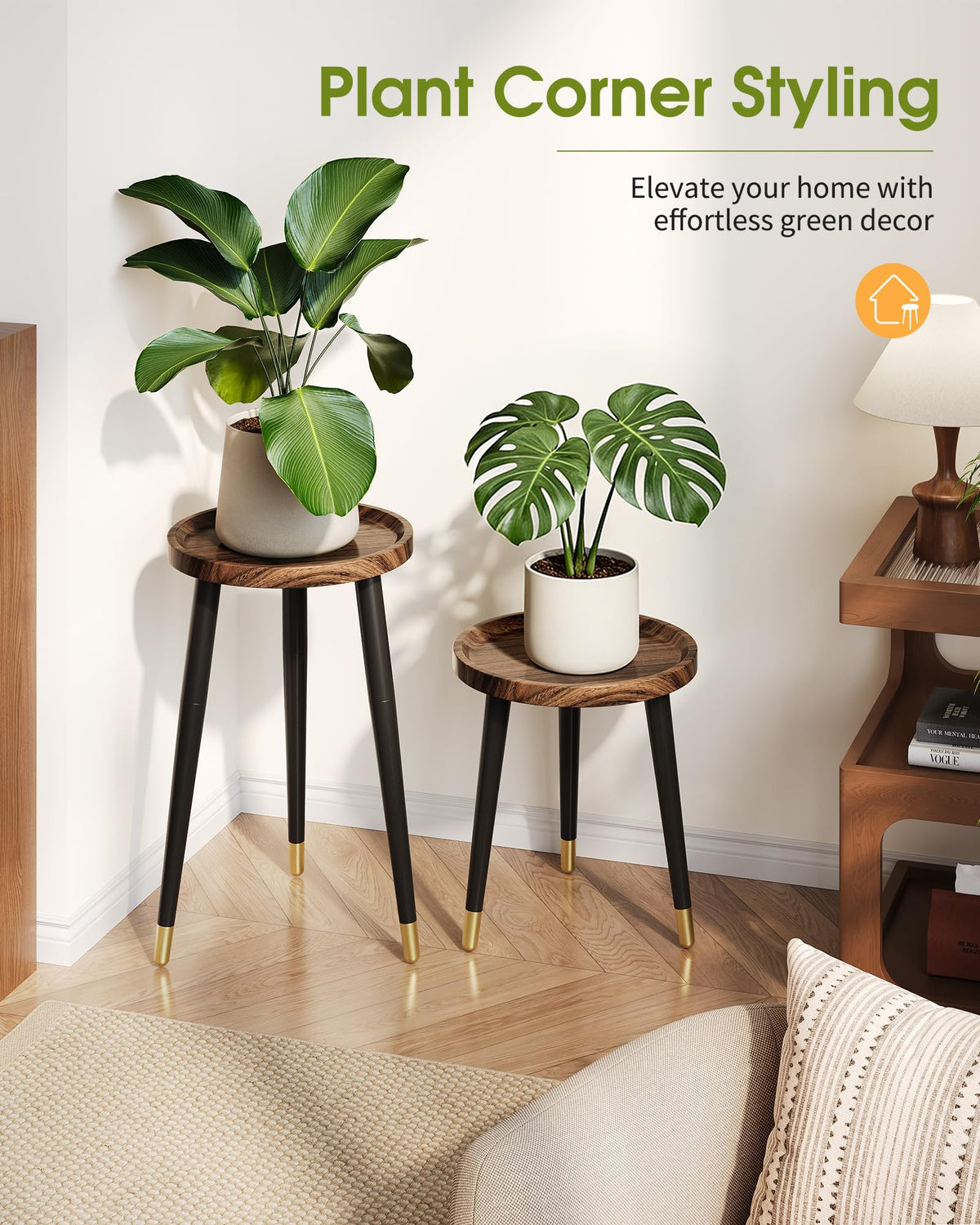 AZADESJET Plant Stand Indoor 2 Pack, Wood Mid Century Indoor Plant Stand, Tall Plant Stands for Flower Pot, Modern Plant Table, Small Side End Table With Raised Design, Walnut, 11.7"x18.8" & 11.7"x13"