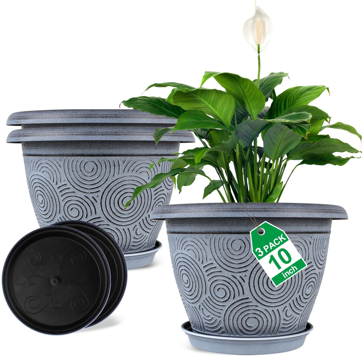 10 Inch Flower Pots Planters for Indoor Outdoor Plants, 3 Pack Plastic Large Plant Pots with Drainage Hole & Tray, Modern Decorative Garden Pot with Saucer, Plant Container for House