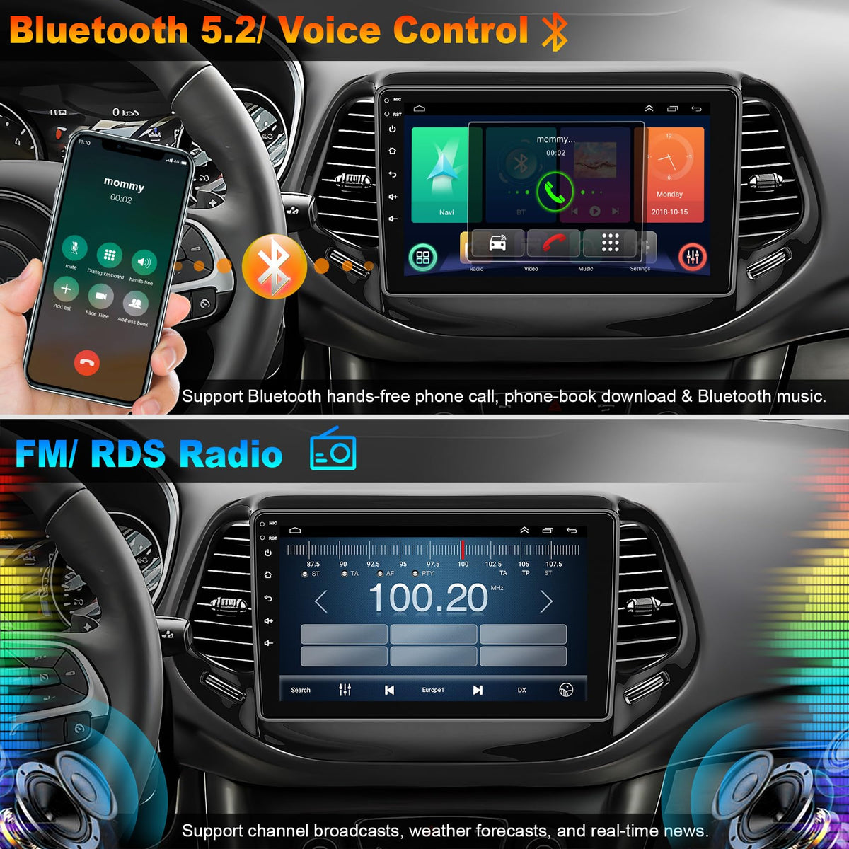 4G+64G Bluetooth Car Radio for Jeep Compass 2017-2020, 10 inch 5GWi-Fi 1280 * 800HD 32EQ Touch Screen Stereo with CarPlay Android Auto SWC +Backup Camera, GPS Navigation
