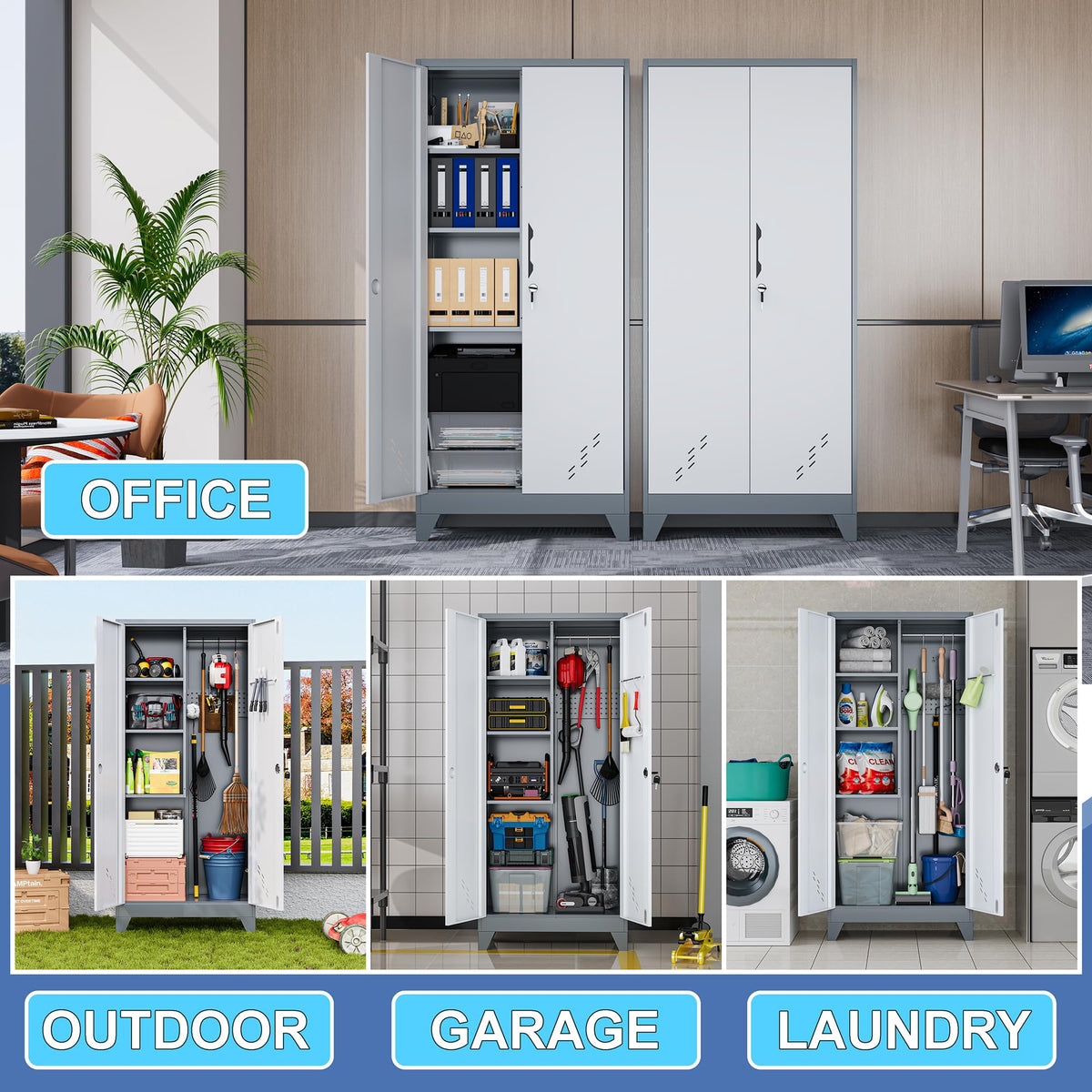 LyAosdFu 61" Metal Storage Cabinet with Lockable Doors, Cleaning Supply Cabinet with Pegboard and Hanging Rod. Garage Tool Storage Cabinets for Home, Laundry, Office, Home Kitchen Utility Cabinet