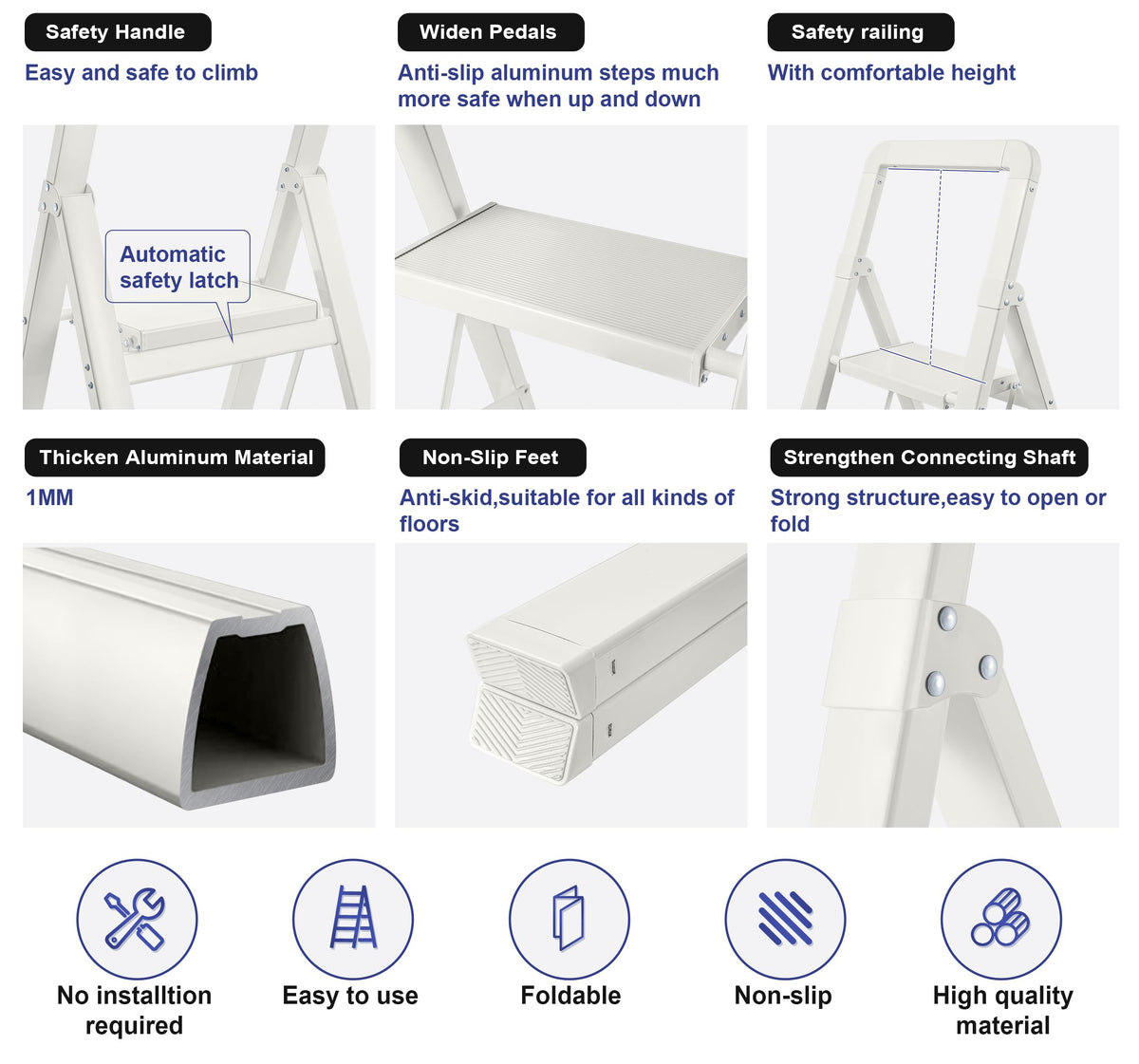 BIBKOKE Step Ladder 5-Step White Finish Aluminum Folding Step Ladders,Anti-Slip Max 330 lbs
