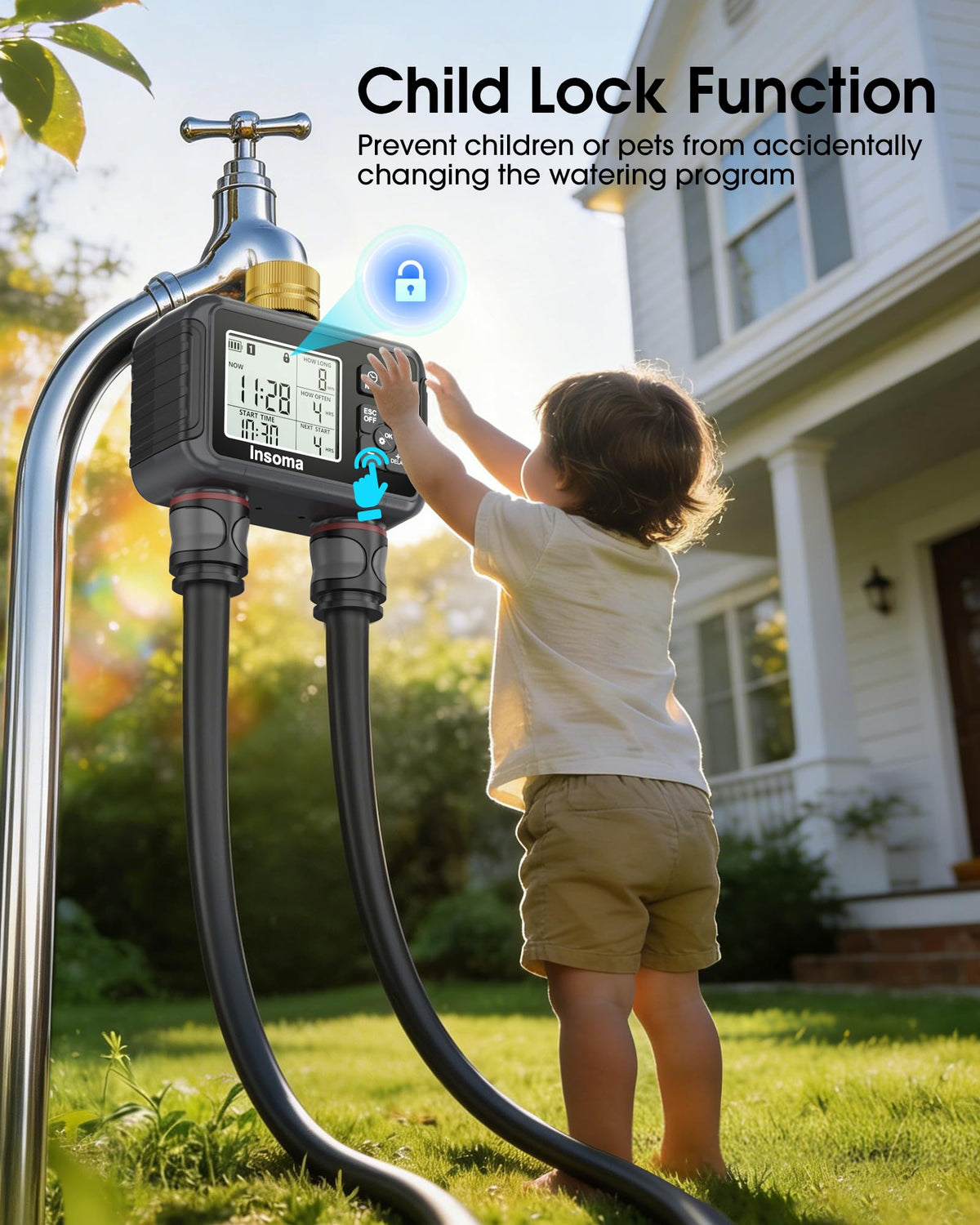 Insoma Water Timer with Brass Inlet & Outlet, 2 Independent Zones Outdoor Hose Timer for Garden Faucet with Auto/Manual/Rain Delay Mode, Sprinkler Irrigation Controller for Yard Lawn