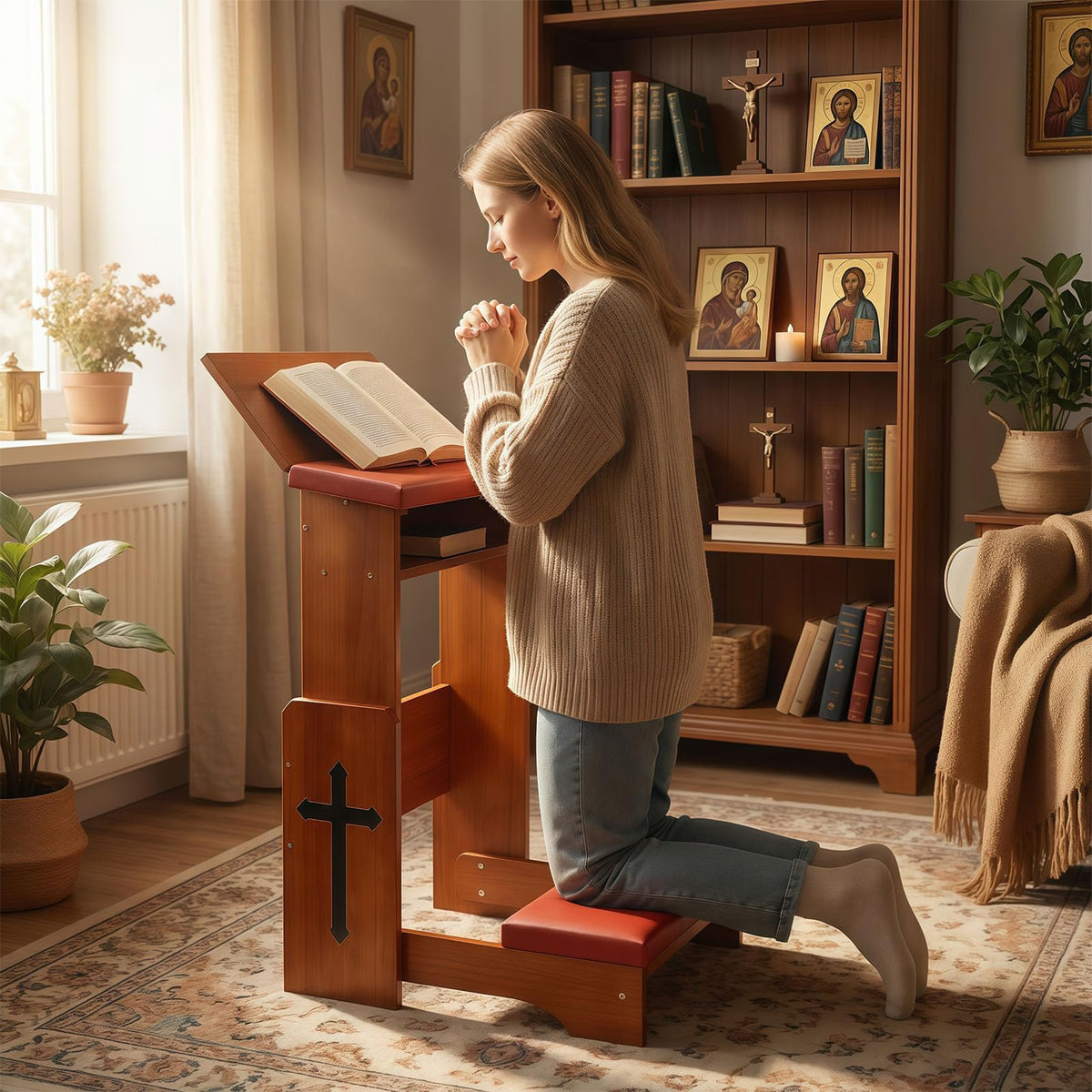 Fanwer Folding Prayer Bench for Home Use - Adjustable Wooden Kneeler for Prayer & Meditation, Compact Kneeling Altar with Bookshelf, Ideal for Church, Chapel, or Personal Devotion