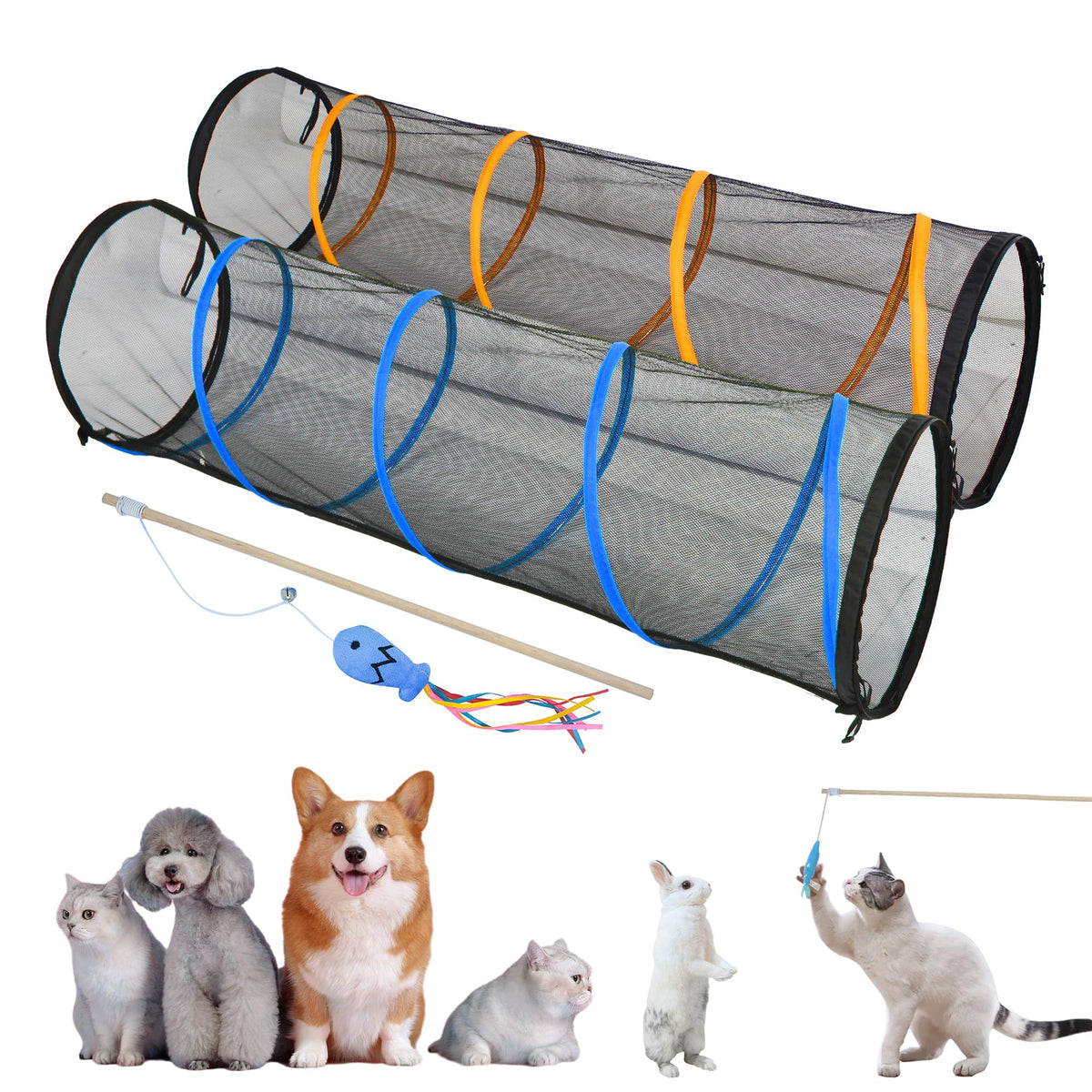 Cat Play Tunnel-2 Packs for Indoor and Outdoor, Cat Play House, Cat Enclosures Easy to Connect with Two Zipper Doors,Product Size 67'' x 18'',2pcs /Set Plus 2pcs /Set