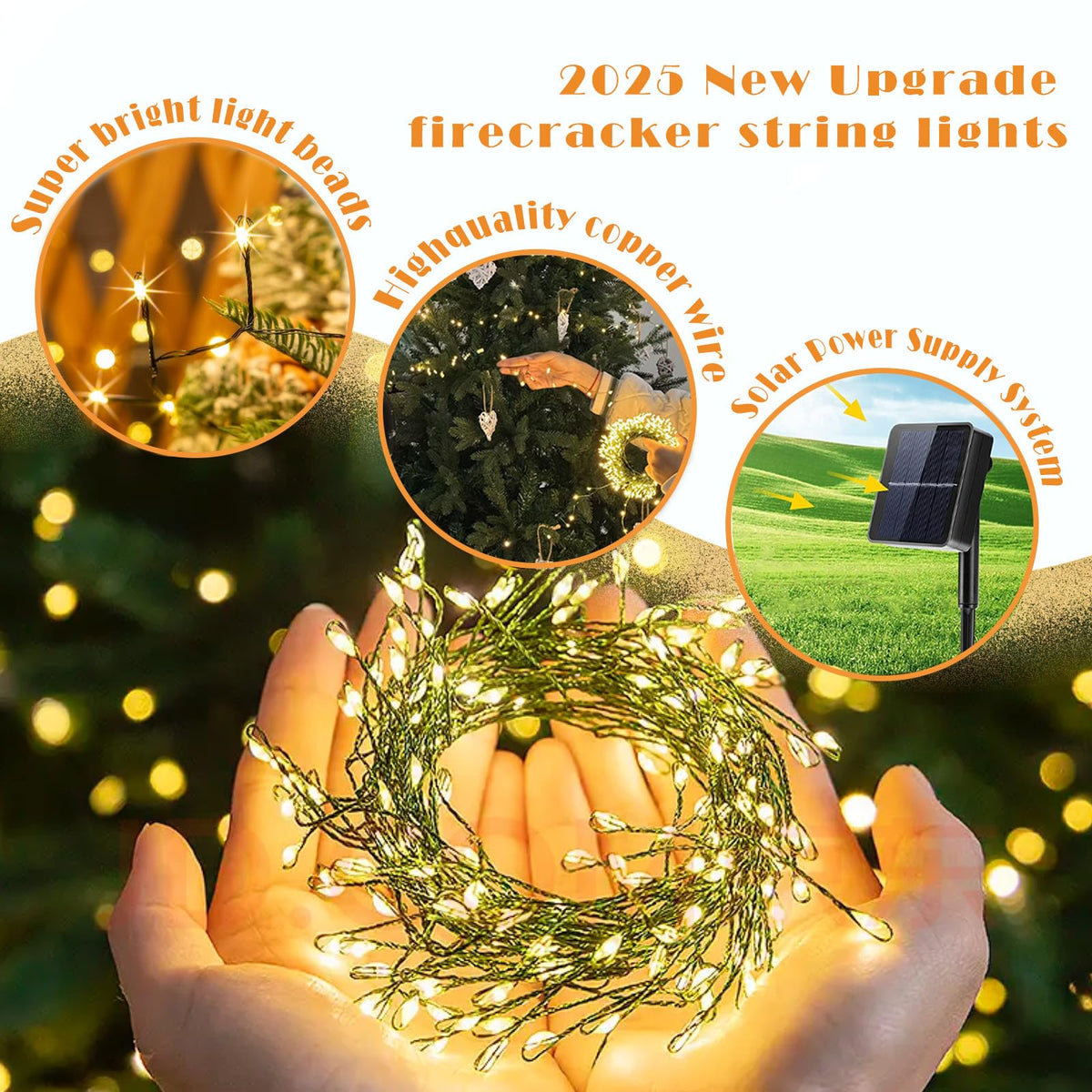 ITICdecor Solar Powered String Lights Outdoor 9.8FT 120 LED Waterproof Firecracker Fairy Lights with 8 Modes Green Copper Wire for Christmas Garden Wedding Patio Garden Yard Decor