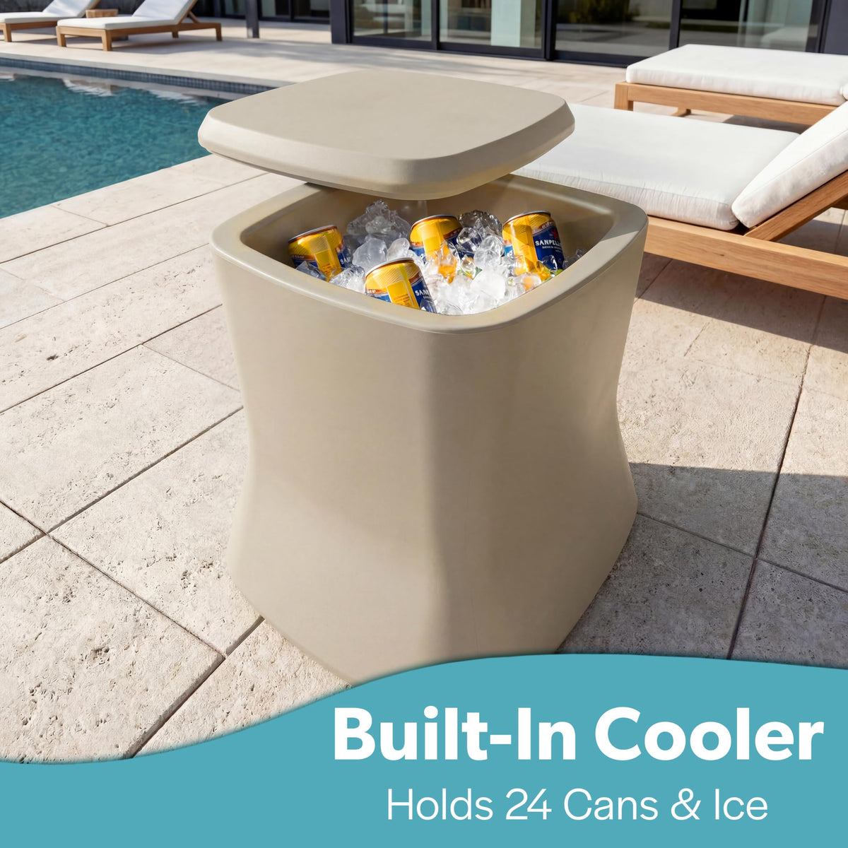 Coast Modern Outdoor Side Table Cooler - 2 in 1 Patio Decor Storage Table & Ice Chest - 25 QT - Sand