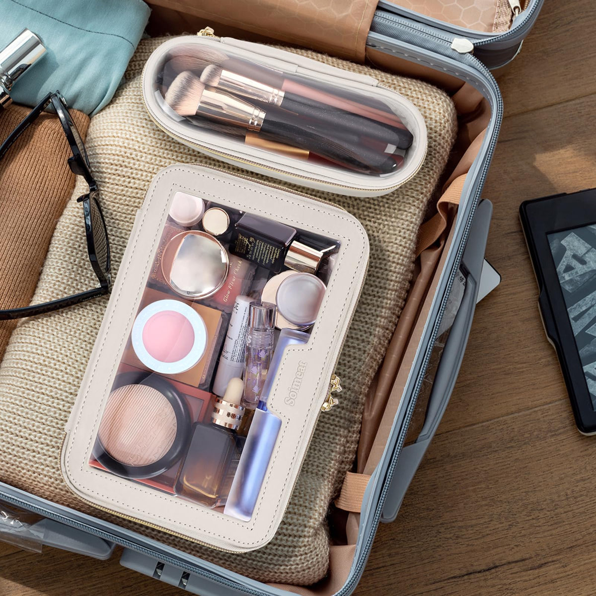 Soimeat Travel Clear Makeup Bag with Makeup Brush Bag, Leather Make up Case Toiletry Bag, Portable Cosmetic Bag Case, Transparent Waterproof Cosmetic Organizer Storage Bag for Women, Off-White