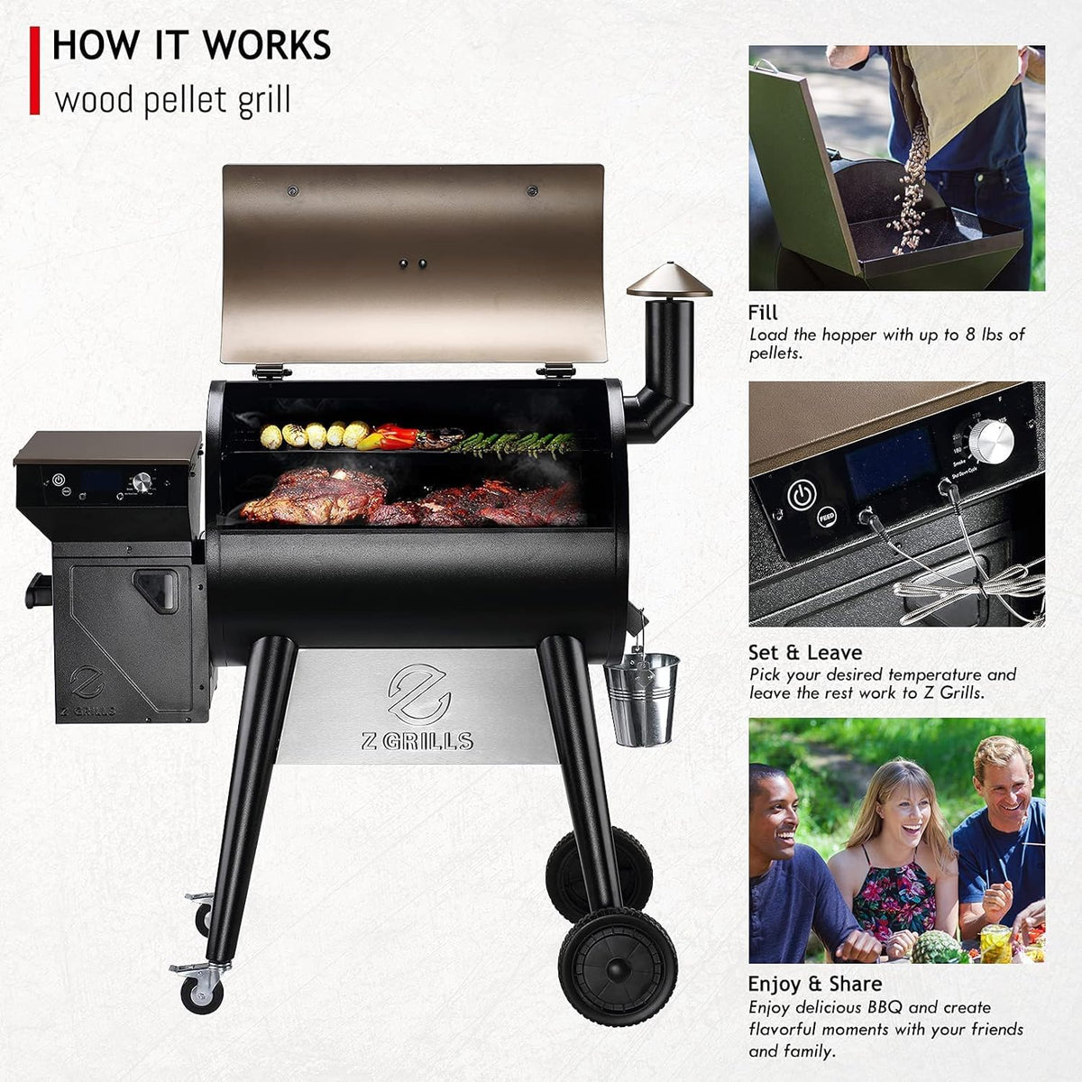 Z GRILLS 2026 Upgrade 8-in-1 Electric Wood Pellet Grill & Smoker with PID V3.0 Controller, LCD, 697 Sq In,Meat Probes, Easy Hopper Clean-out & Grill Cover