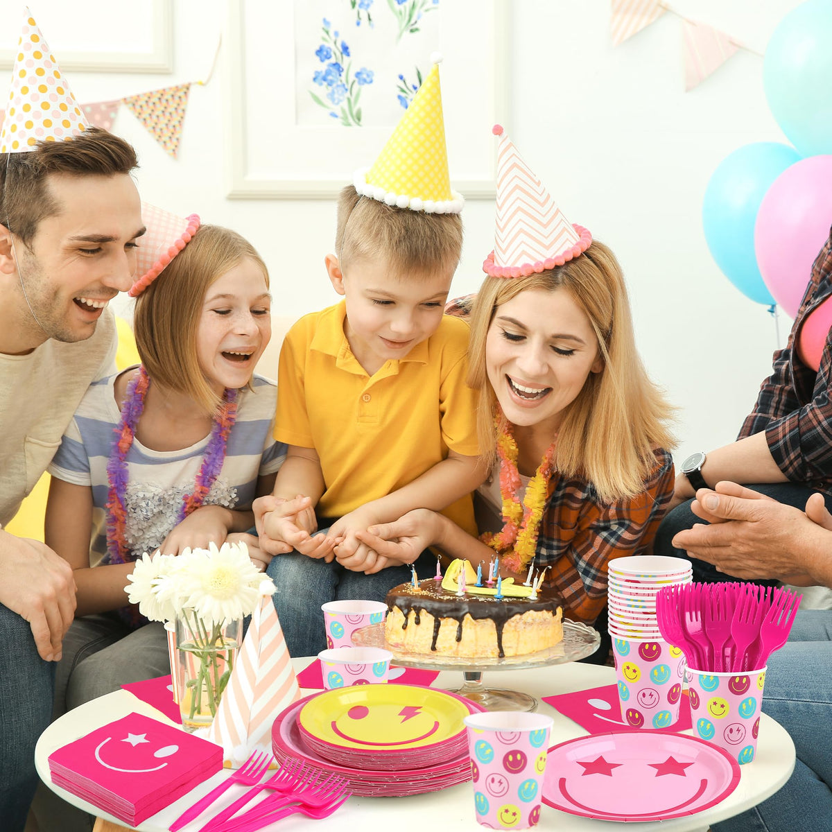 Kochorie 144 Pieces Preppy Smile Party Tableware Sets Including Disposable Plates Napkins Cups Forks Serves 24 for Smile Face Party Birthday Baby Shower Decor Party Supplies