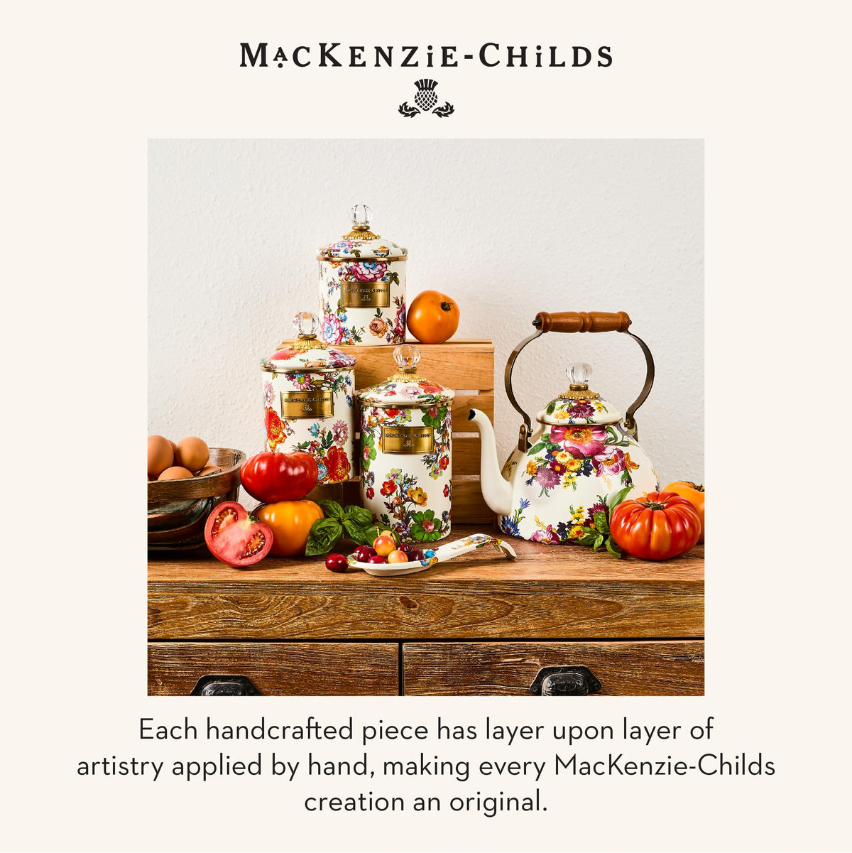 MACKENZIE-CHILDS Enamel Canister, Versatile Kitchen Storage Container for Flour and Sugar, Large, 64-Ounce Capacity, White Flower Market