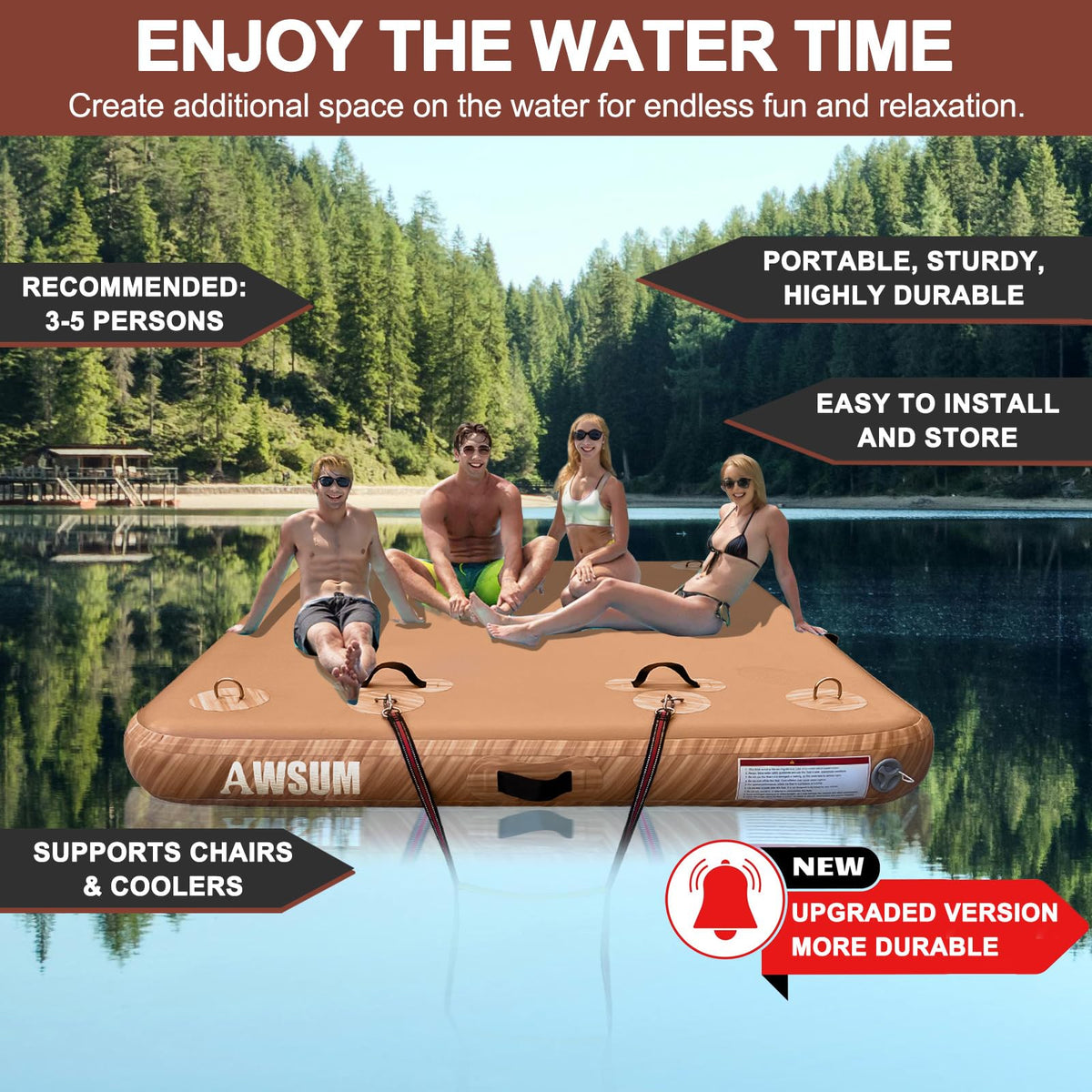 AWSUM Inflatable Floating Dock 8ft x 6ft Air Water Mat Inflatable Island Swim Platform with Non-Slip Wood Surface for Pool Beach Ocean Lake