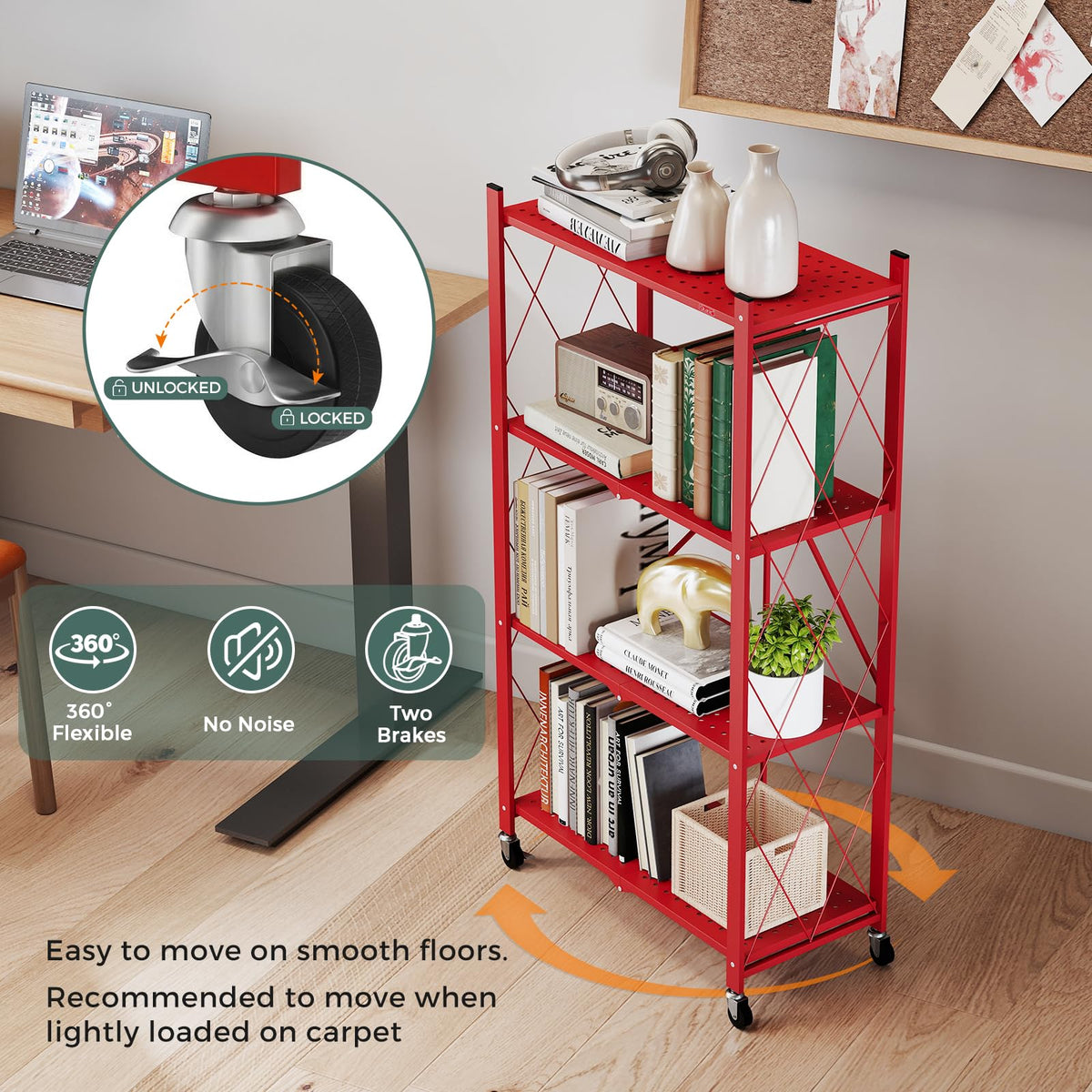 DEANIC 4 Tier Foldable Storage Shelves with Wheels, Large Capacity Shelving Unit, Freestanding Metal Wire Shelf Rack, No Assembly Organizer Rack for Garage Kitchen, Basement, Pantry(Red Pack of 2)