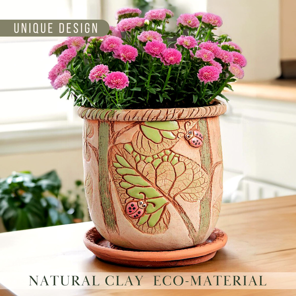 STP GOODS Ceramic Pot with Drainage Hole and Saucer, Plant Pots, Modern Decorative Planters for House Plants Indoor Flowers Plants, Cute Flower Pot - Gifts (Ladybugs (1.6 L))