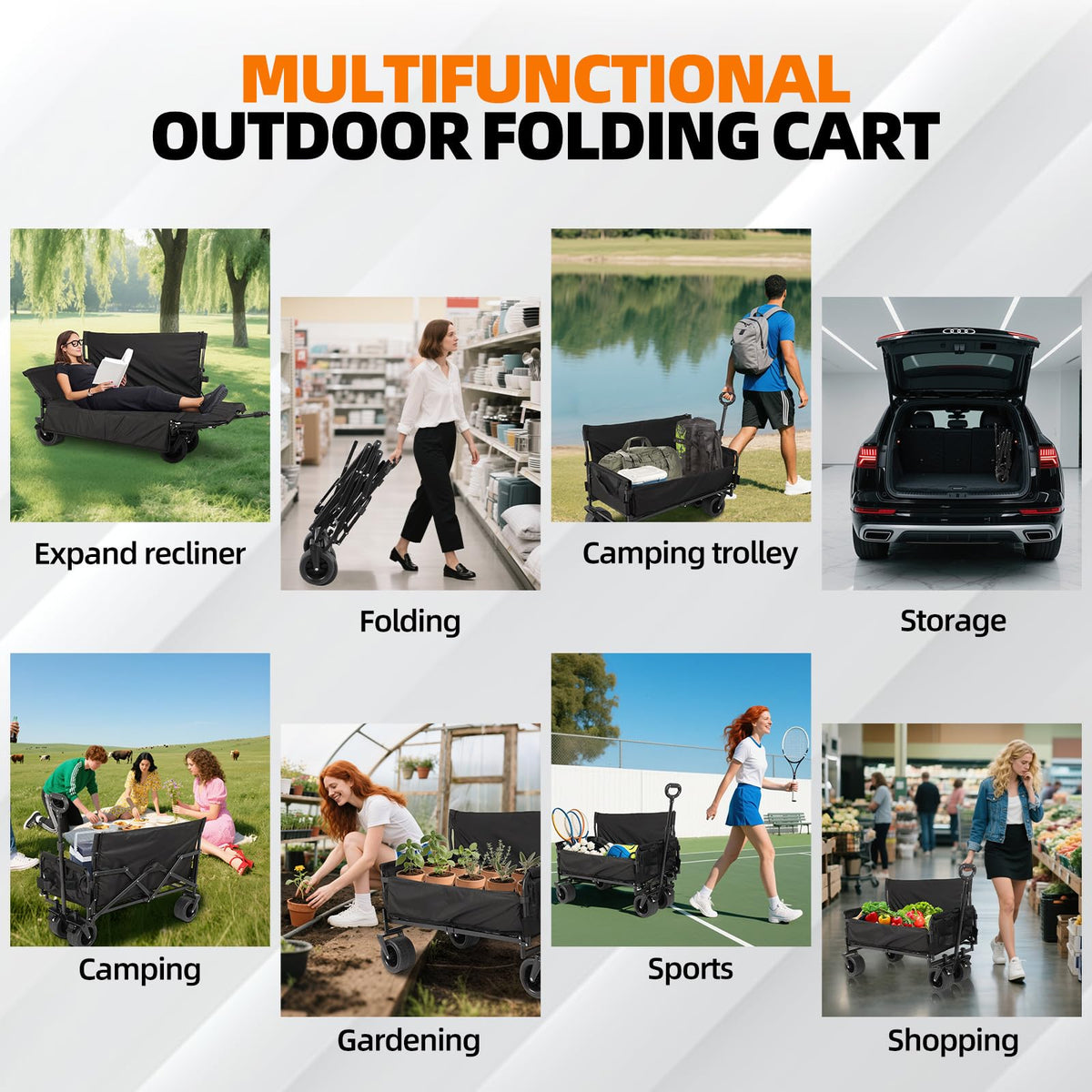 Collapsible Folding Outdoor Utility Wagon, 440LBS Heavy Duty Utility Carts,Reclining Camper,Expandable Storage，Padded and Wheeled, All Terrain Wheels, Great for Camping, Outdoors, Shopping