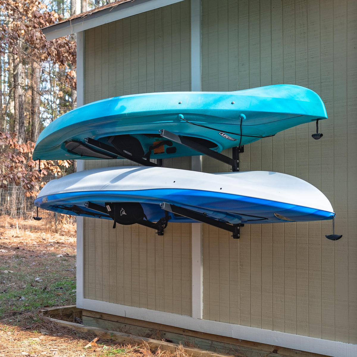 StoreYourBoard G-Kayak Wall Rack – Heavy-Duty Outdoor Kayak Rack for 2 Boats, Adjustable Storage Wall Mount Hanger, Space-Saving Outdoor Storage for Kayak Wall Mount - Holds 200 lbs - Silver