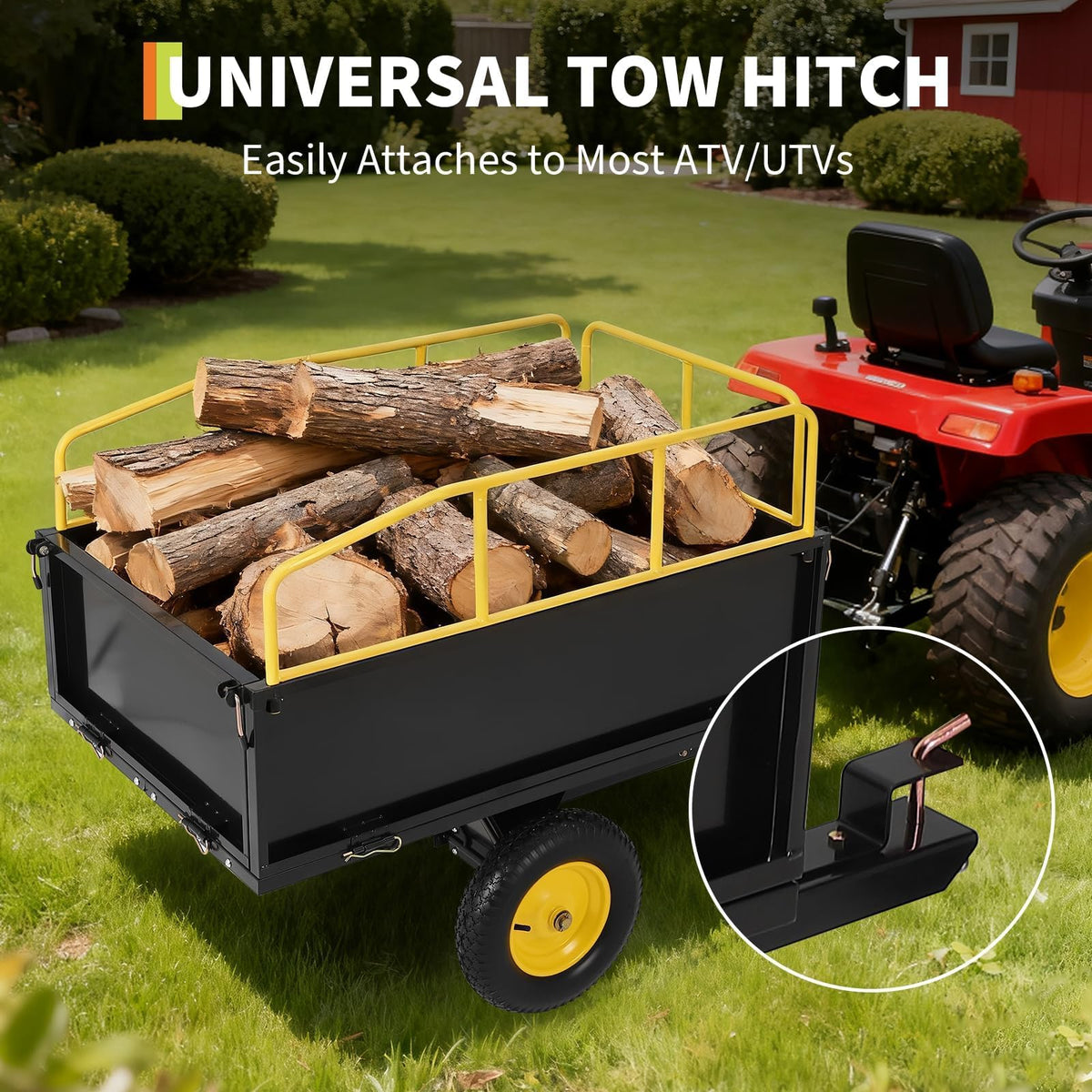 Heavy Duty ATV Trailer Tow Behind Dump Cart, 17 Cu.Ft. 750lbs Capacity, Pull Behind Steel Yard Wagon Dump Trailer for Tractor Lawn Mower Garden