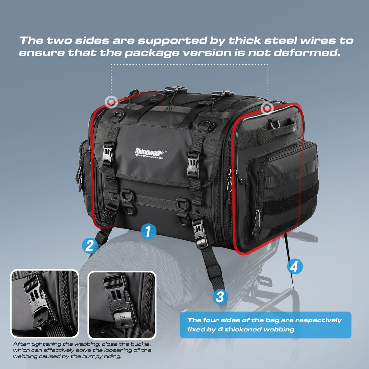 Rhinowalk Motorcycle Tail Bag, Expandable Motorcycle Travel Luggage Bags 60L, Waterproof All-Weather Trunk Rack Bag with Sissy Bar Straps & Helmet Rain Cover-Black