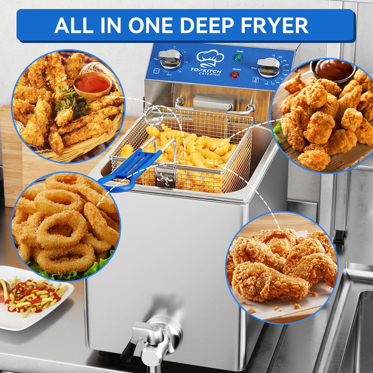TOPKITCH 8.5Qt Electric Fryer with Oil Drain,30 Minutes Timer,Stretch forming oil tank,Lid and Solid Wire Mesh Basket,Medium Duty Commercial Electric Countertop Deep Fryers-120V,1800W