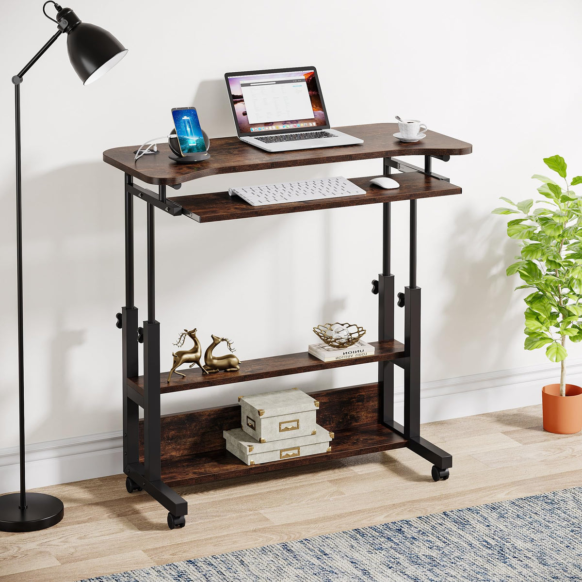 Tribesigns Portable Desk with Power Outlets, Height Adjustable Side Table Sofa Couch Bedside Laptop Computer Cart with USB Charging Ports, Mobile Small Standing Desk with Keyboard Tray