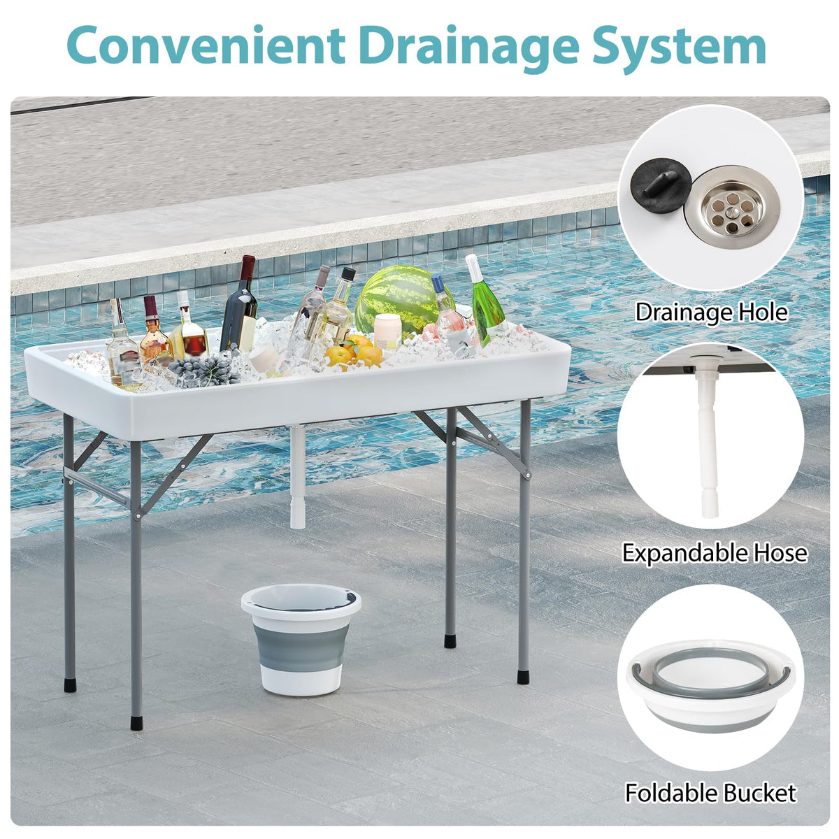 Giantex Folding Ice Cooler Table, 46'' Outdoor Chill Bar Table with Drain, Foldable Bucket & Removable Matching Skirt, for Events, Party, Camping, Buffet Beverage Server, White