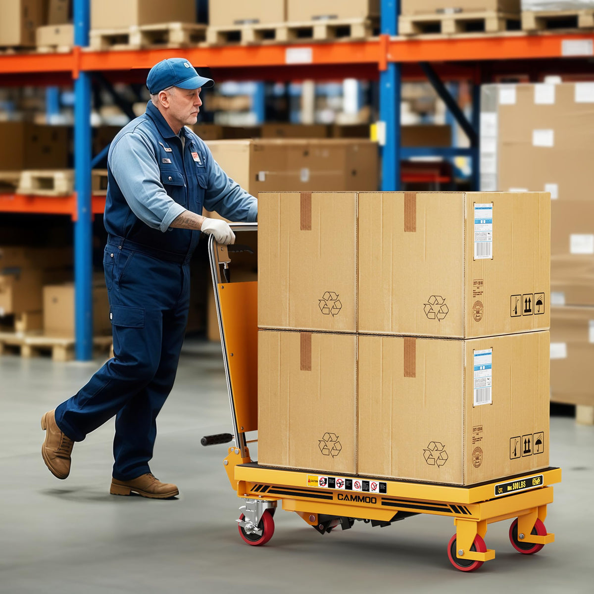 CAMMOO Foldable Hydraulic Lift Table Cart, 500lbs Capacity, 28.5" Lifting Height, Single Scissor Lift with Non-Slip Pad & Thickened Scissors Design for Material Handling and Transportation, Yellow