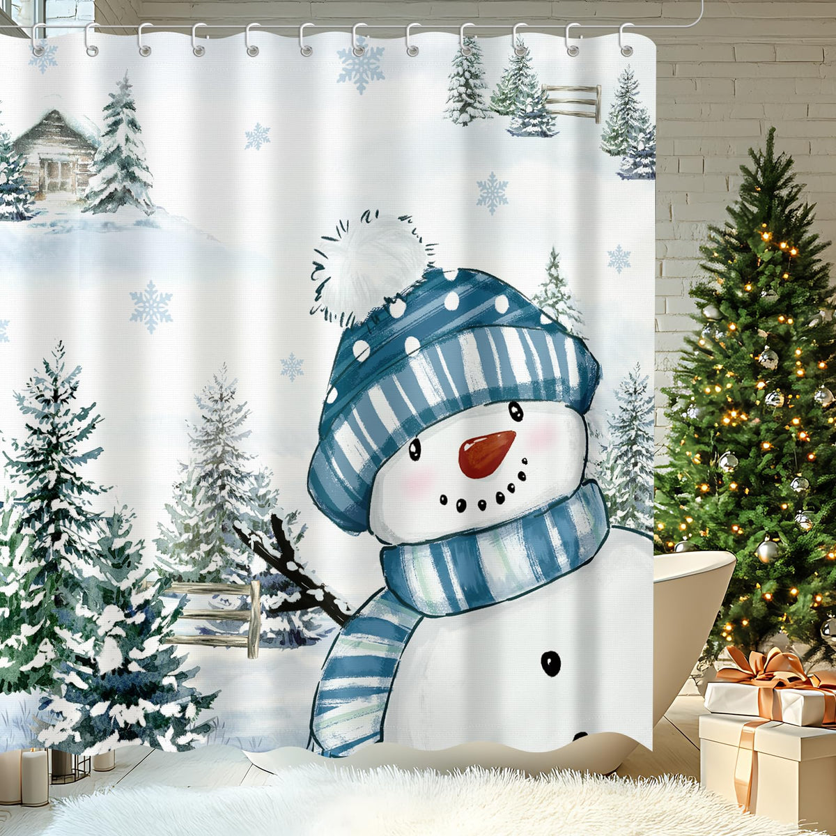 Moutina Winter Christmas Snowman Shower Curtain, Snow Snowflake Xmas New Year Holiday Winter Decor Bathroom Curtain Set - 72x72 Inch Waterproof Polyester Fabric with Hooks