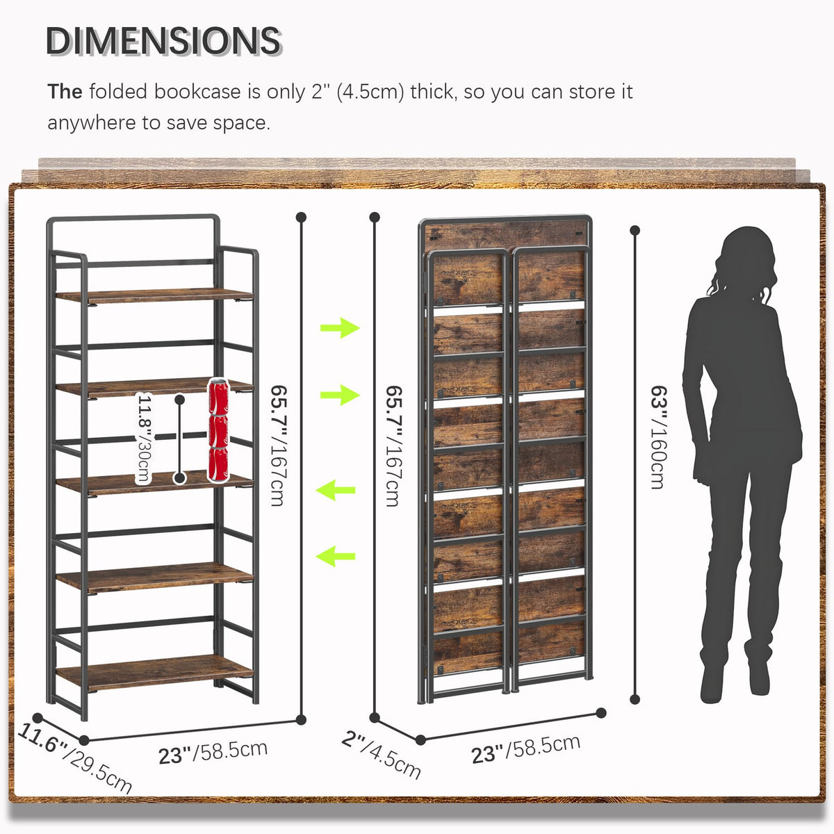 4NM No Assembly 5 Tiers Folding Bookshelf Storage Shelves Vintage Bookcase Standing Racks Study Organizer Home Office (Rustic Brown Black)