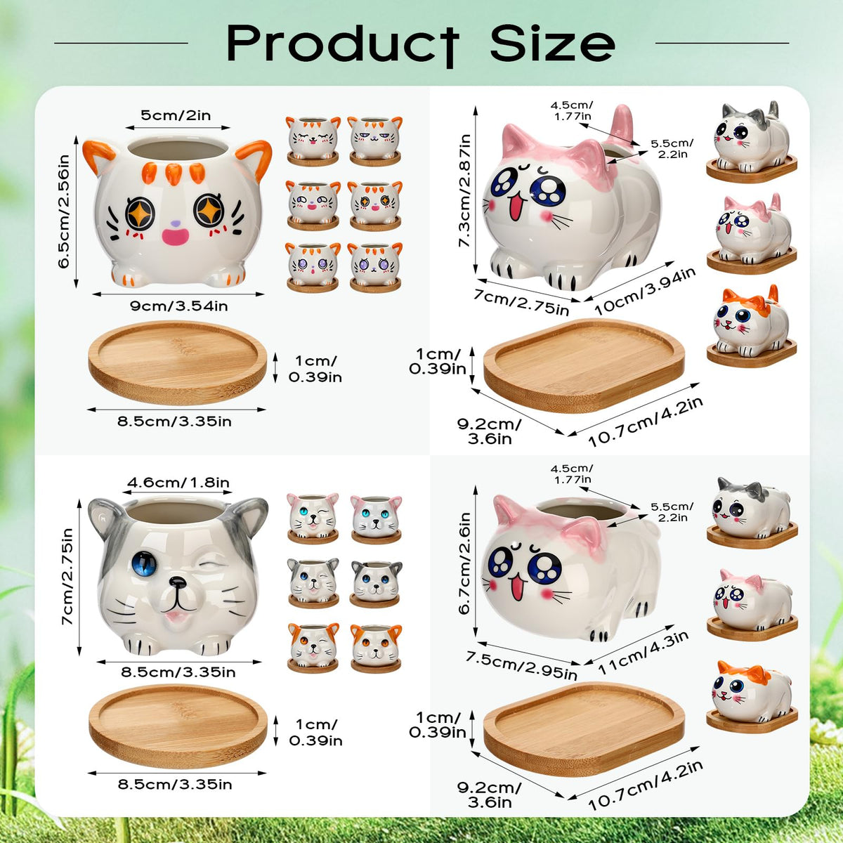 Cindeer 18 Pcs 2.5 Inch Cat Ceramic Succulent Planter Pots – Cute Cat Small Pots with Drainage Hole and Bamboo Tray for Succulents, Cactus, Home Garden Office Desk Decoration Gift Ideas