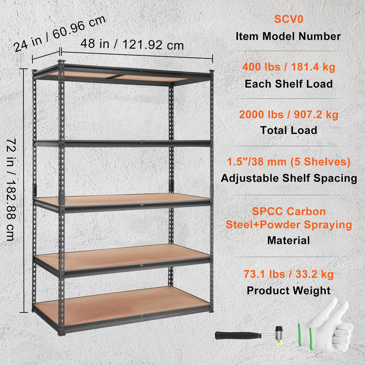 VEVOR Storage Shelving Unit, 5-Tier Adjustable Storage Shelves, 48" L x 24" W x 72" H Heavy Duty Garage Storage Shelves, Metal Shelves for Kitchen Pantry Basement Bathroom Laundry