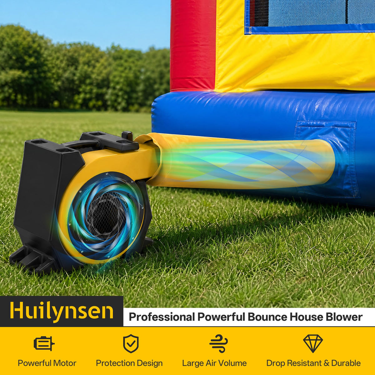 Huilynsen Air Blower for Inflatables 1.5 HP,Commercial Bounce House Blower with Double-Sided Fan Blade 1500 CFM PP Weatherpoof Blower Fan for Inflatable Water Slide,Paint Booth(Black&Yellow)