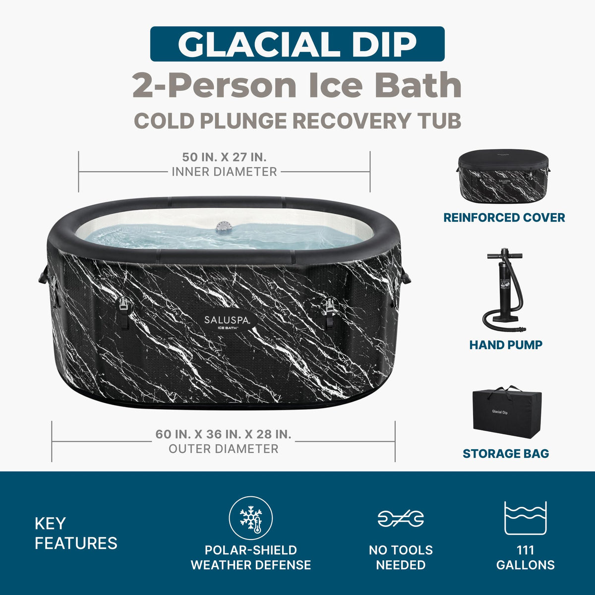 Bestway SaluSpa: Glacial Dip - Cold Plunge Inflatable Tub - 60x36x28, Black Marble, Ice Bath, FortiFiber, Polar Shield Year Round Use, Cover & Storage Bag